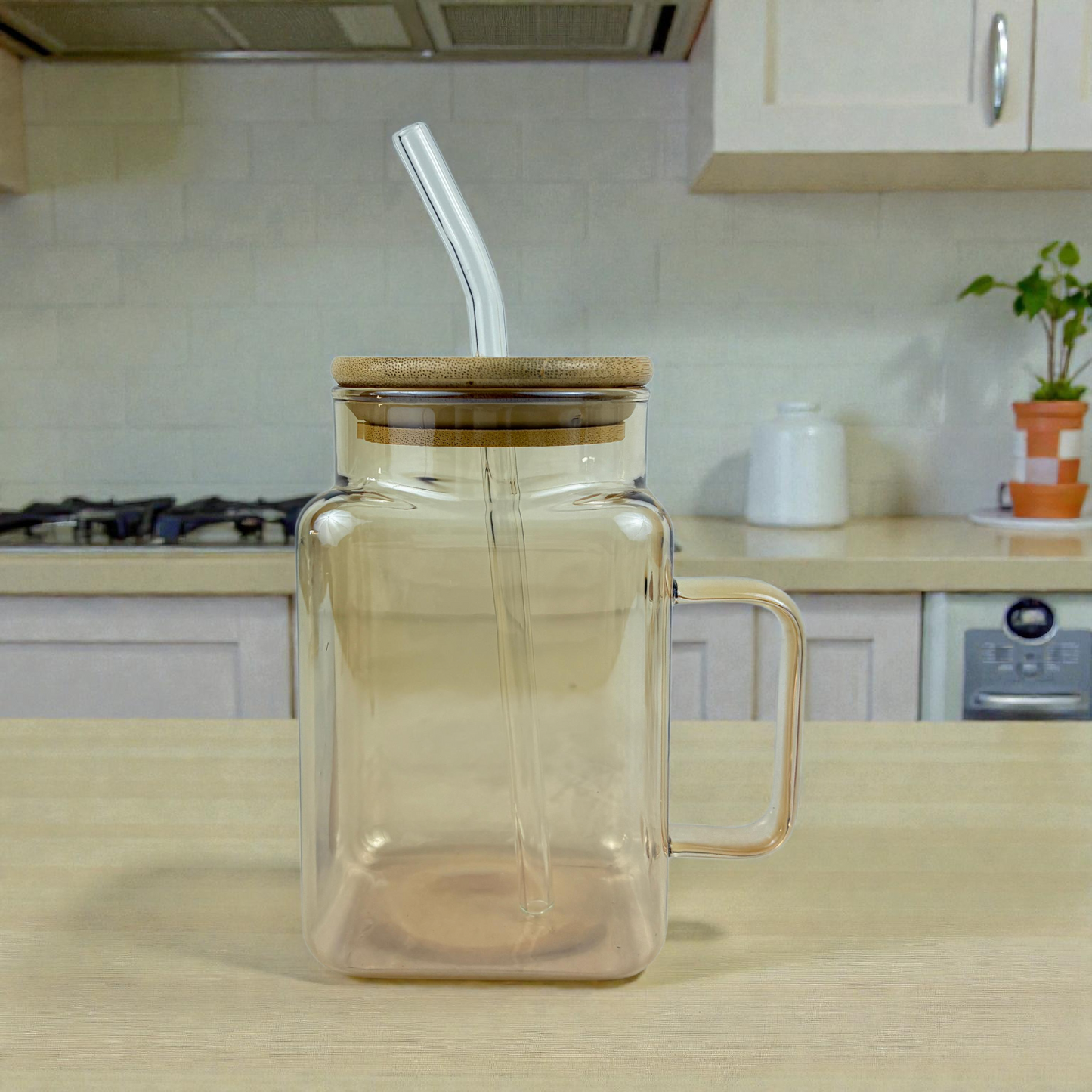 Amber Square Glass Mug with Bamboo Lid & Straw β Eco-Friendly Iced Coffee Glass