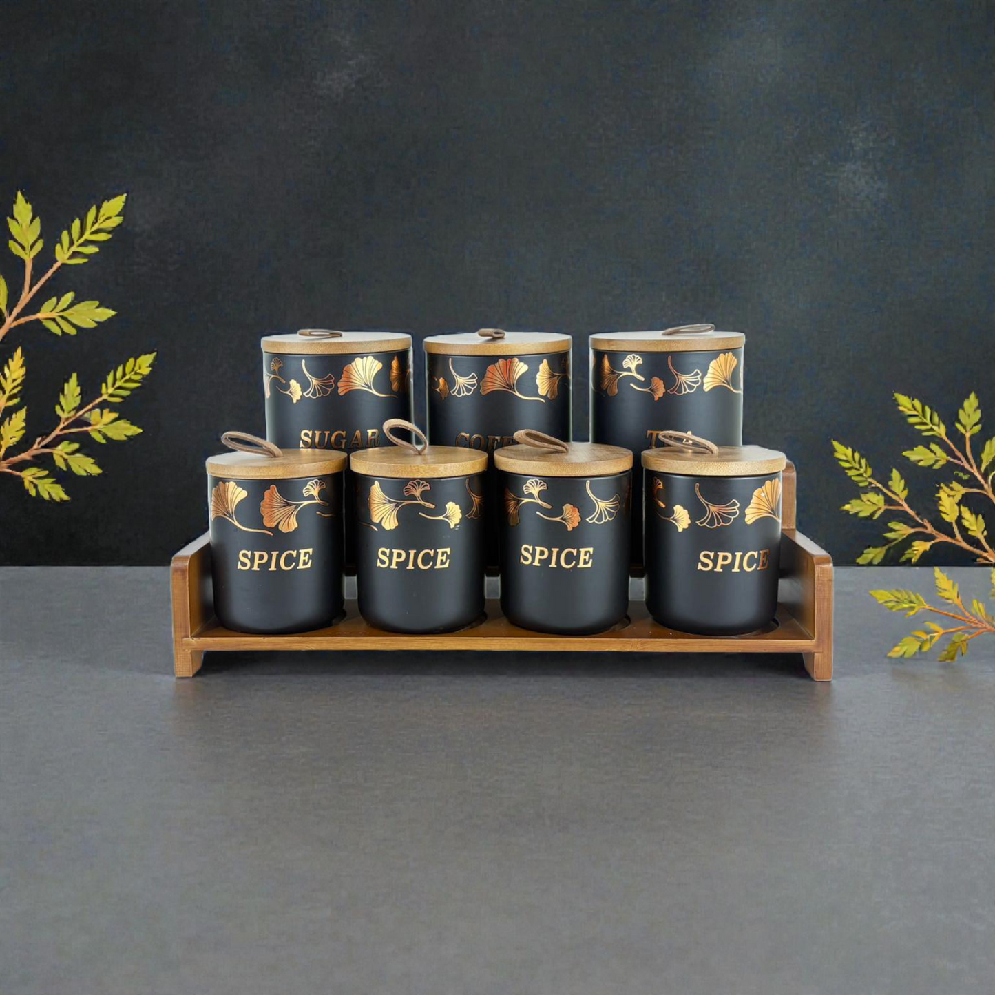 Luxury Ceramic Kitchen Canister Set with Wooden Tray – Sugar, Coffee, Tea & Spice Storage Jars (7-Piece Set)