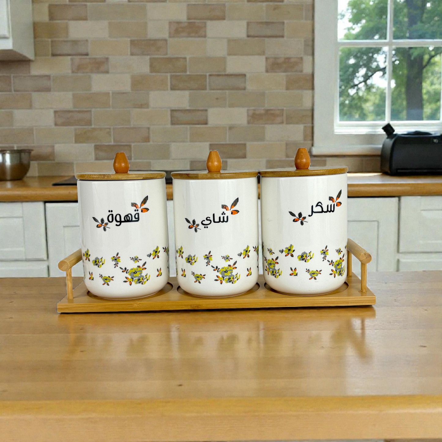 Ceramic Coffee, Tea & Sugar Canister Set with Bamboo Stand