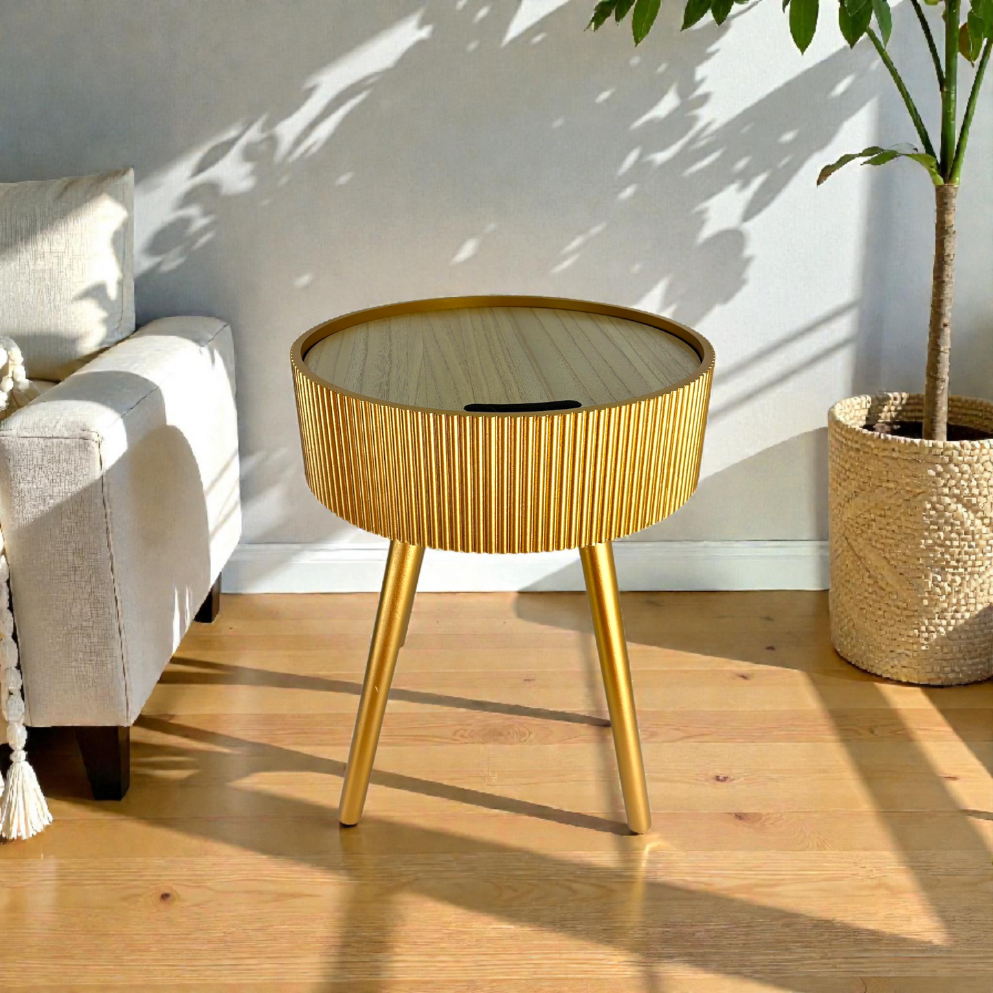 Luxury Gold Metal Storage Bowl with Wooden Lid & Stand – Modern Decorative Organizer