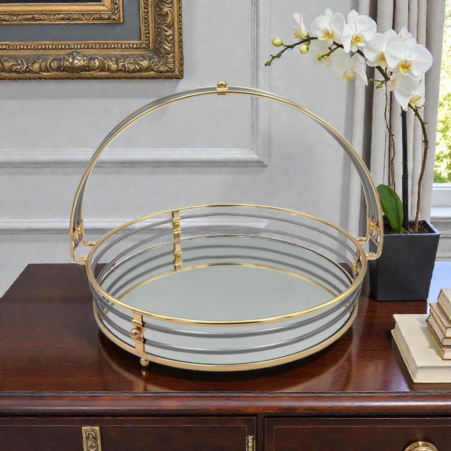 Gold Metal Serving Tray with Handle – Mirrored Decorative Round Tray