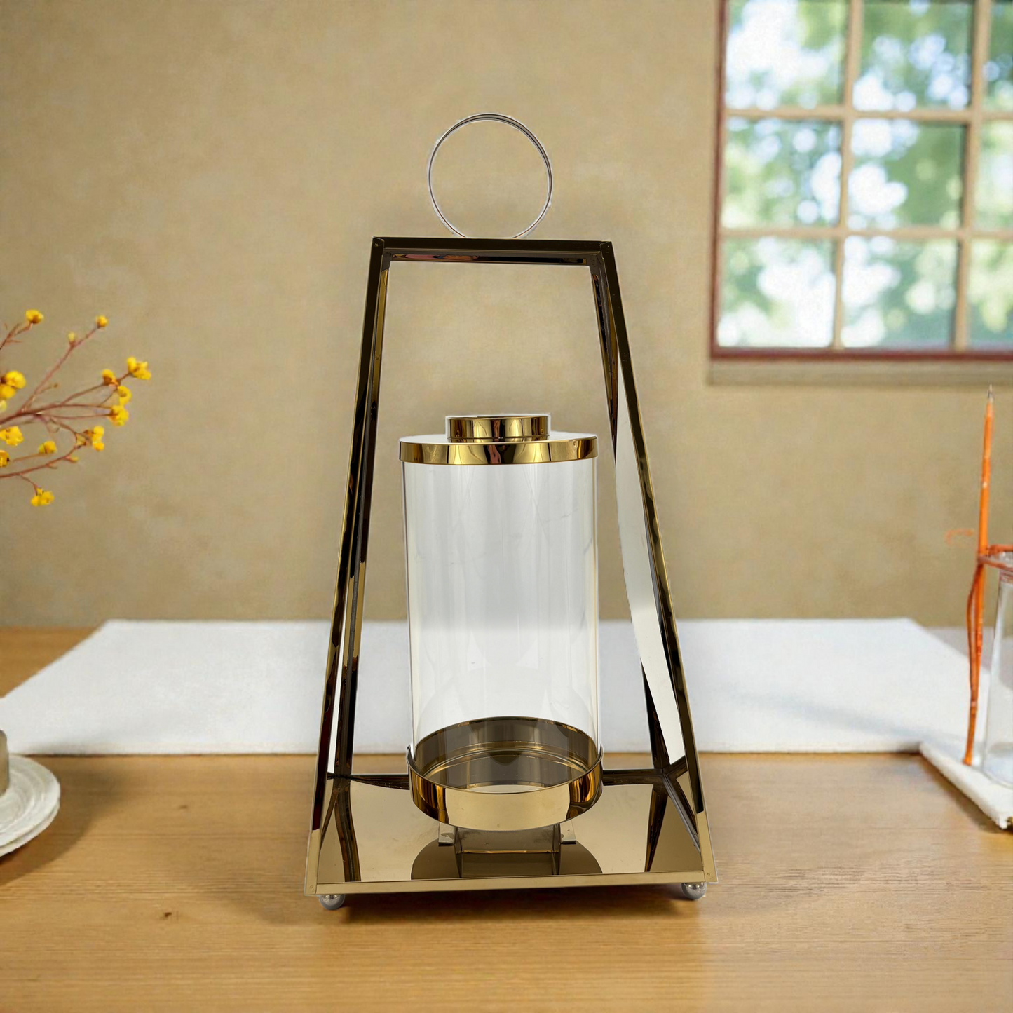 Modern gold Metal Glass Lantern – Minimalist Candle Holder