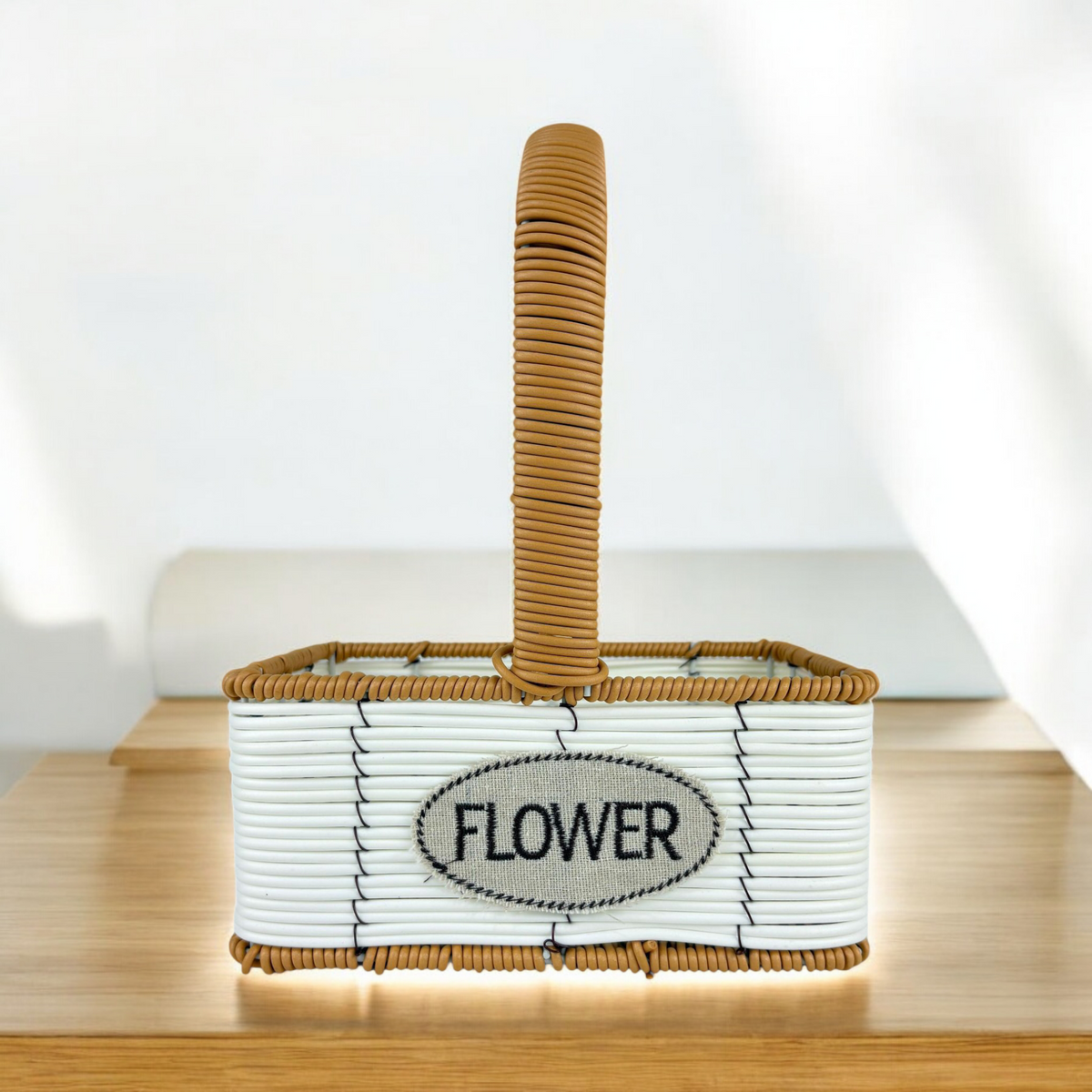 Medium Rectangular Flower Basket with Handle – White & Brown Woven Decorative Organizer