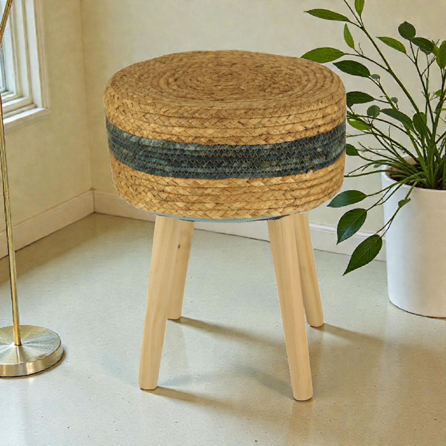 Natural Woven Round Stool with Wooden Legs – Boho Home Decor and sitting seat and table using.