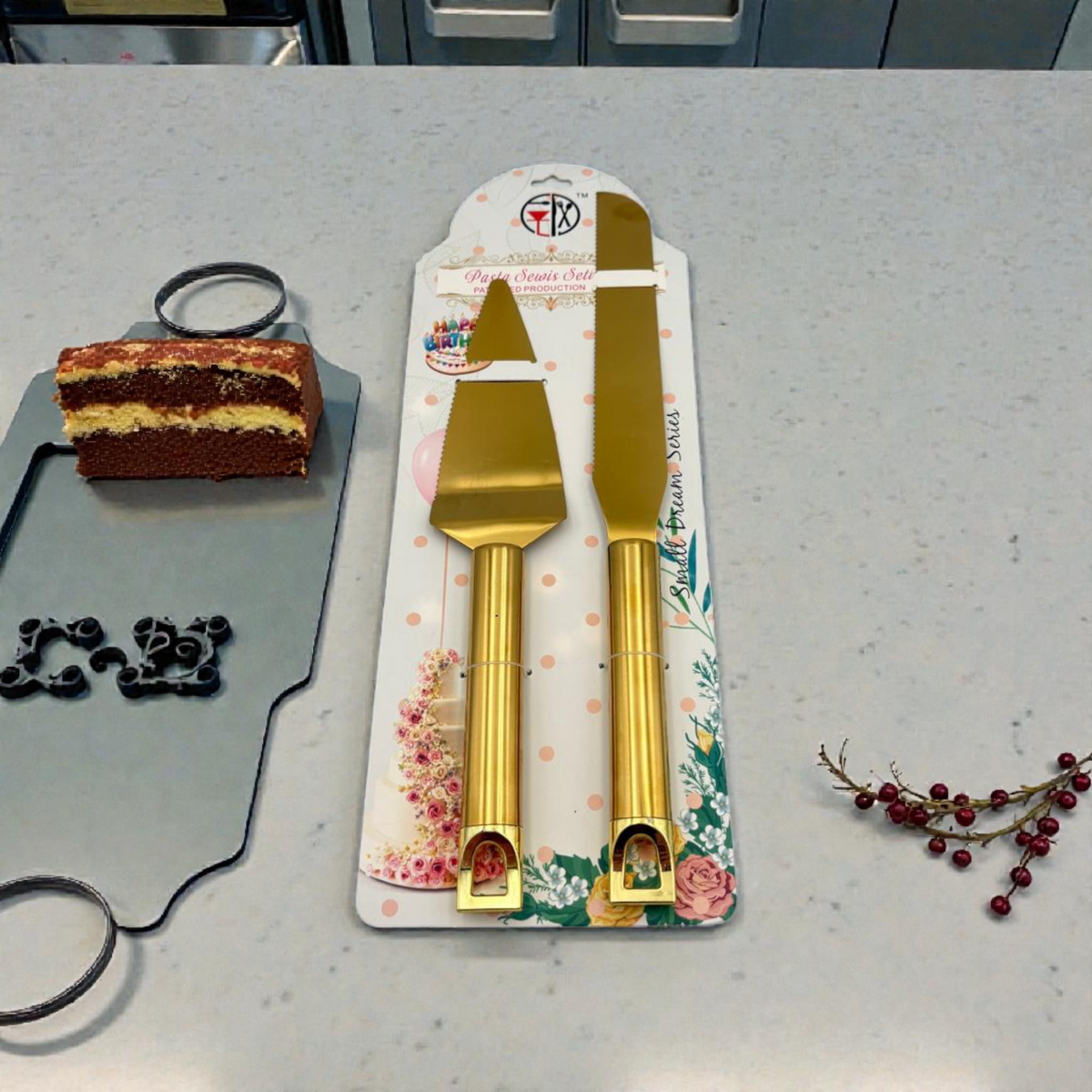 Gold Cake Server and Knife Set – Stainless Steel Dessert Serving Tools