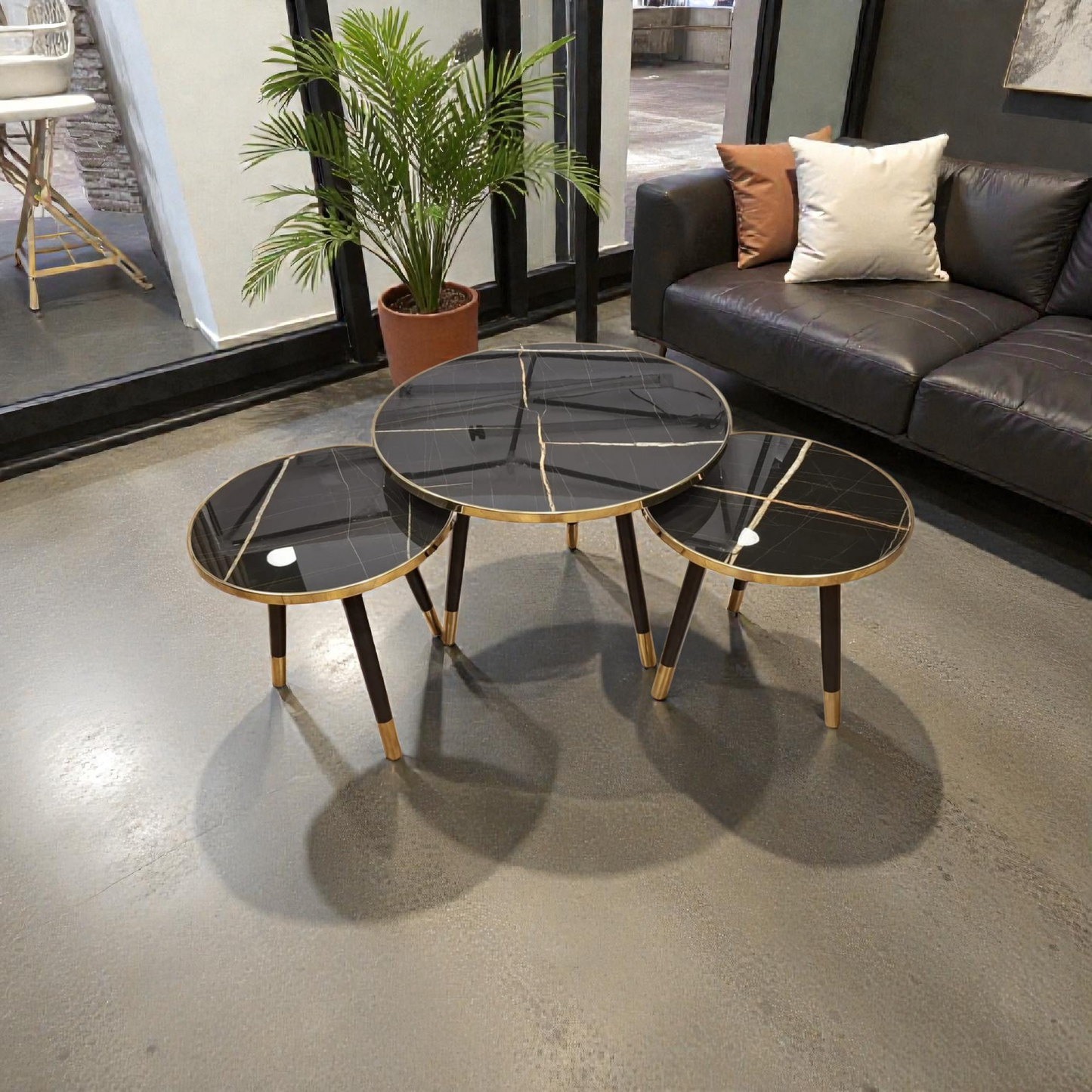 Luxury Nesting Coffee Tables Set – Black Marble Top with Gold Accents
