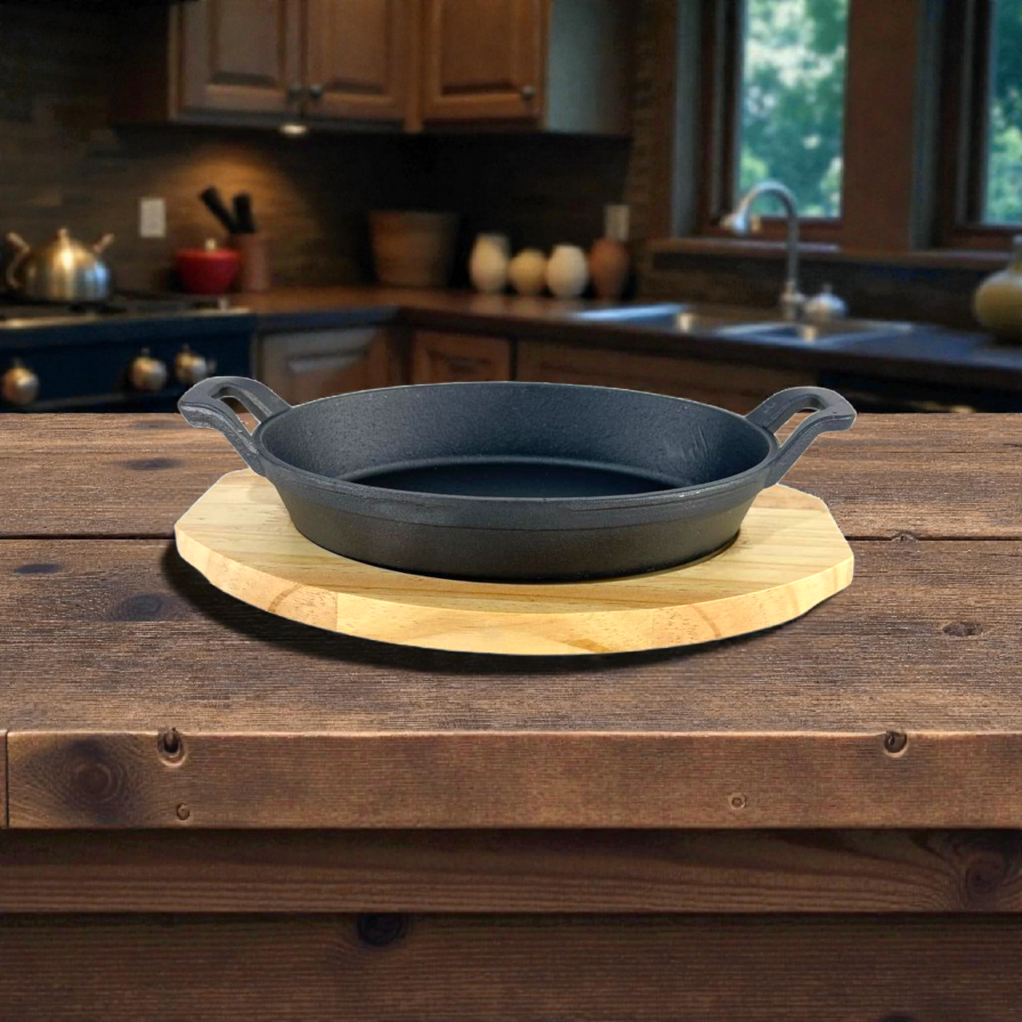 Cast Iron Skillet Pan with Wooden Serving Board – Pre-Seasoned Heavy Duty Frying Pan