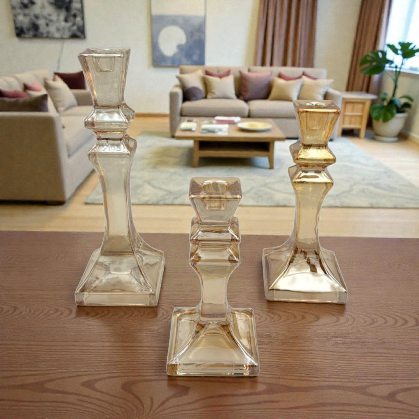 Amber Glass Candle Holders Set of 3 – Elegant Decorative Candlesticks