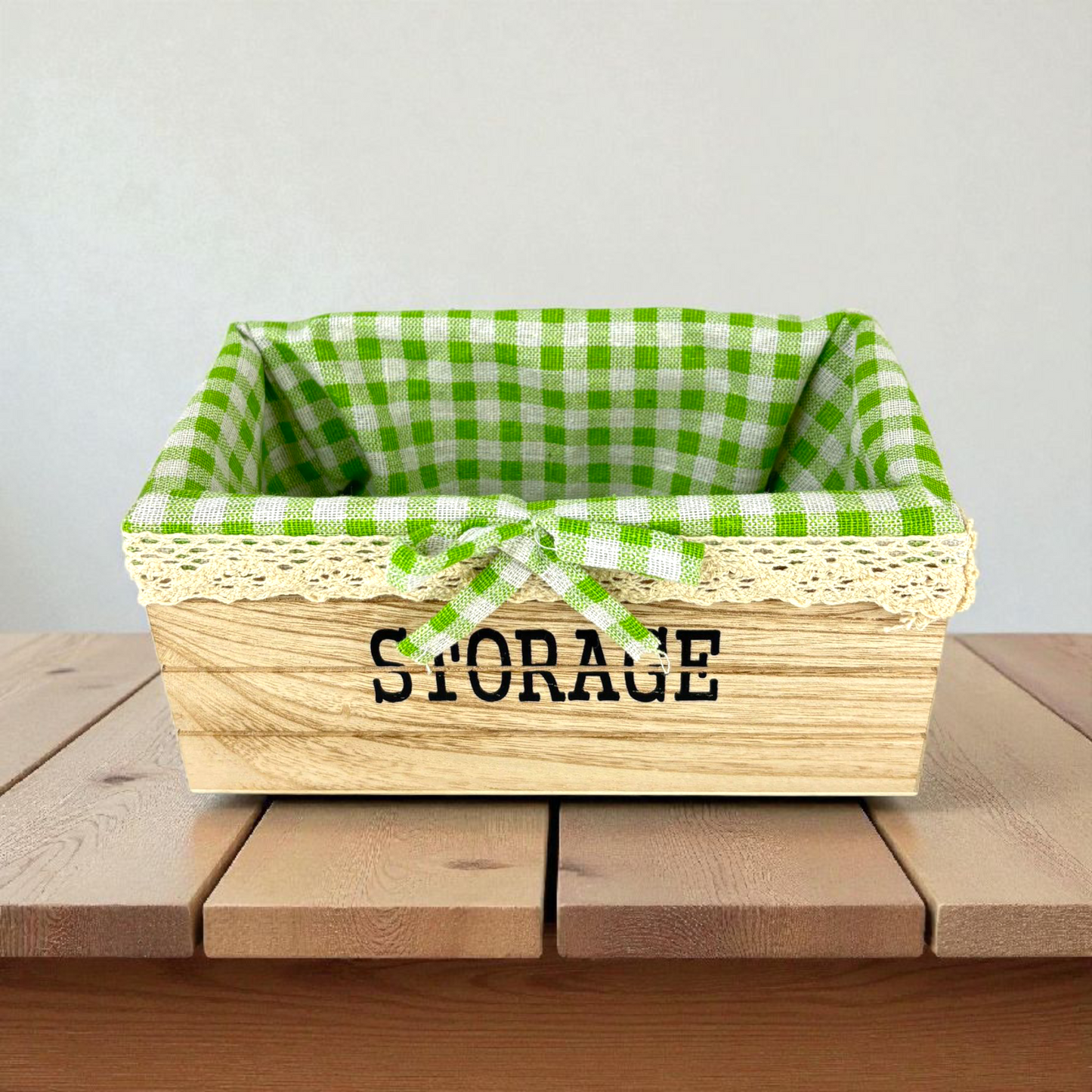 Big Rectangular Wooden Storage Baskets with Green Gingham Lining