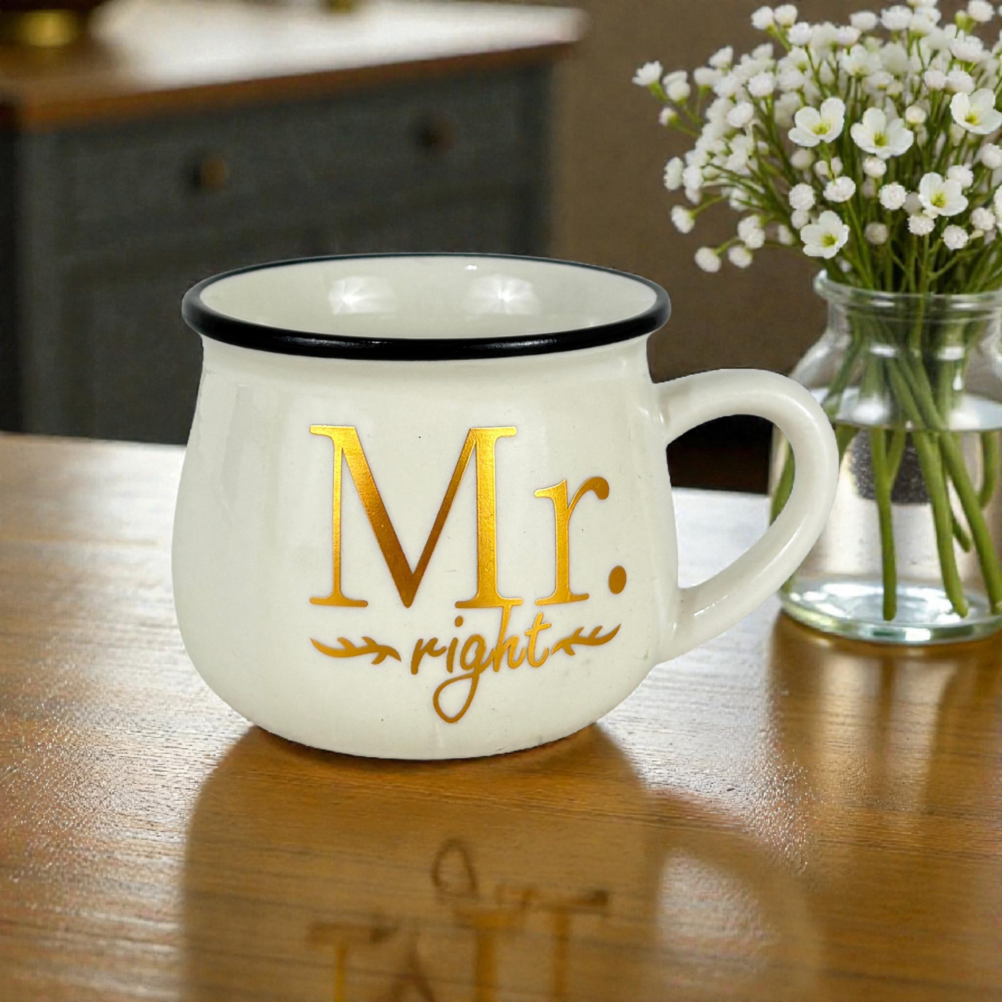 Mr.Right Ceramic Mug – Elegant White Coffee Cup with Gold Print