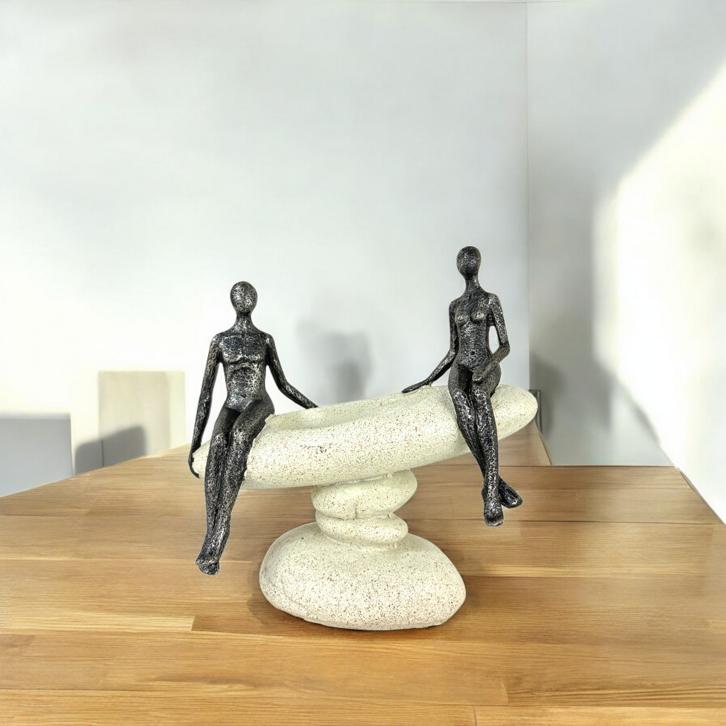 Modern Abstract Sitting Figures Sculpture on Stone Base – Minimalist Resin Home Décor Art Piece