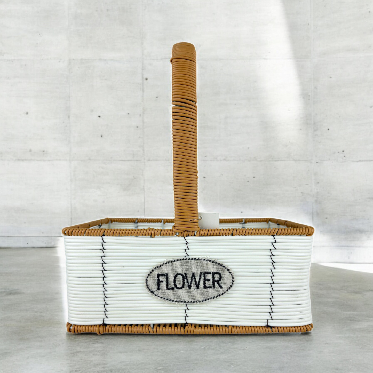 Big Rectangular Flower Basket with Handle – White & Brown Woven Decorative Organizer