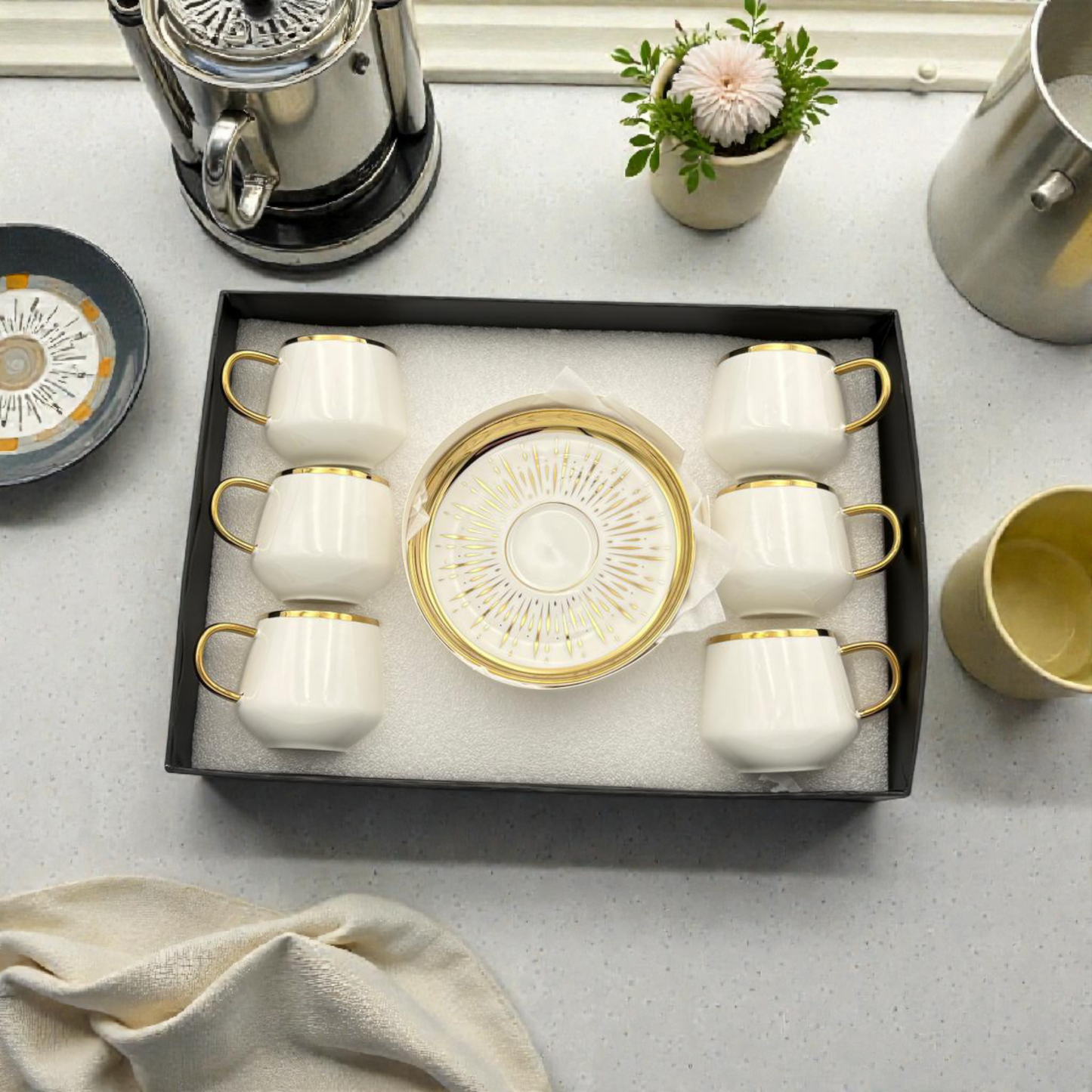 Porcelain Coffee Cup Set – White with Blue & Gold Decorative Design 12pcs