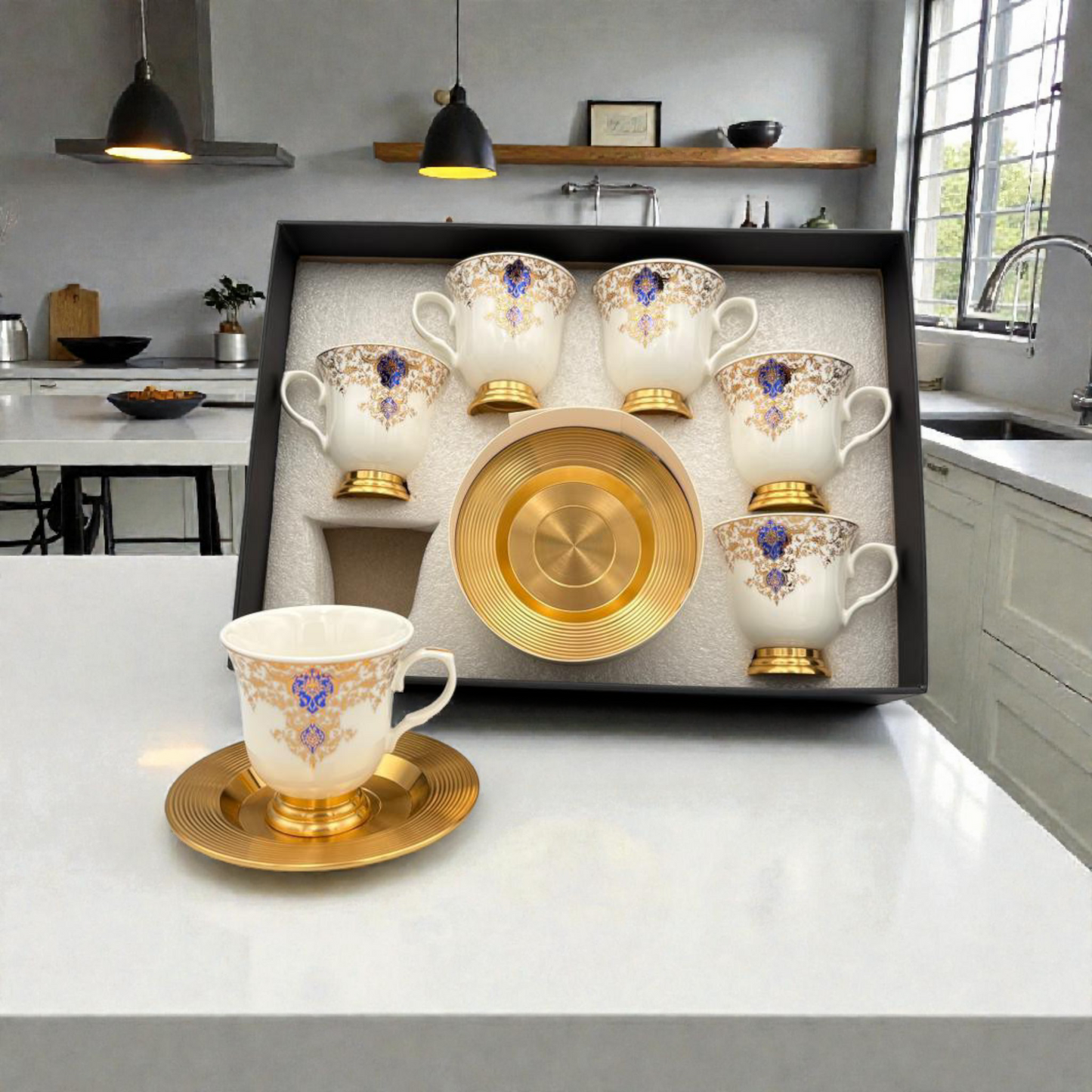 Luxury Porcelain Coffee Cup Set with Gold Saucer – Floral Classic Design