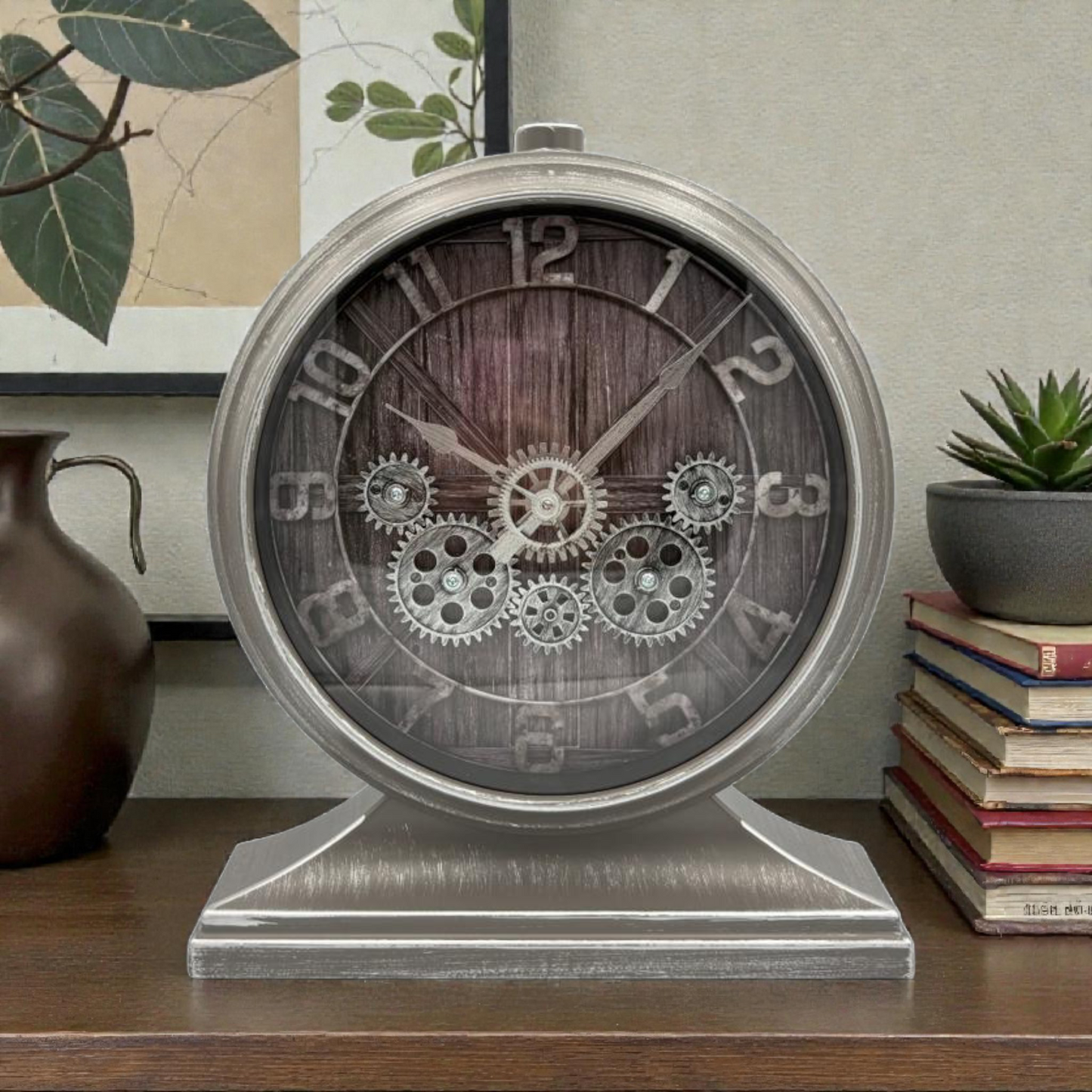 Rustic Silver Decorative Table Clock – Industrial Gear Design