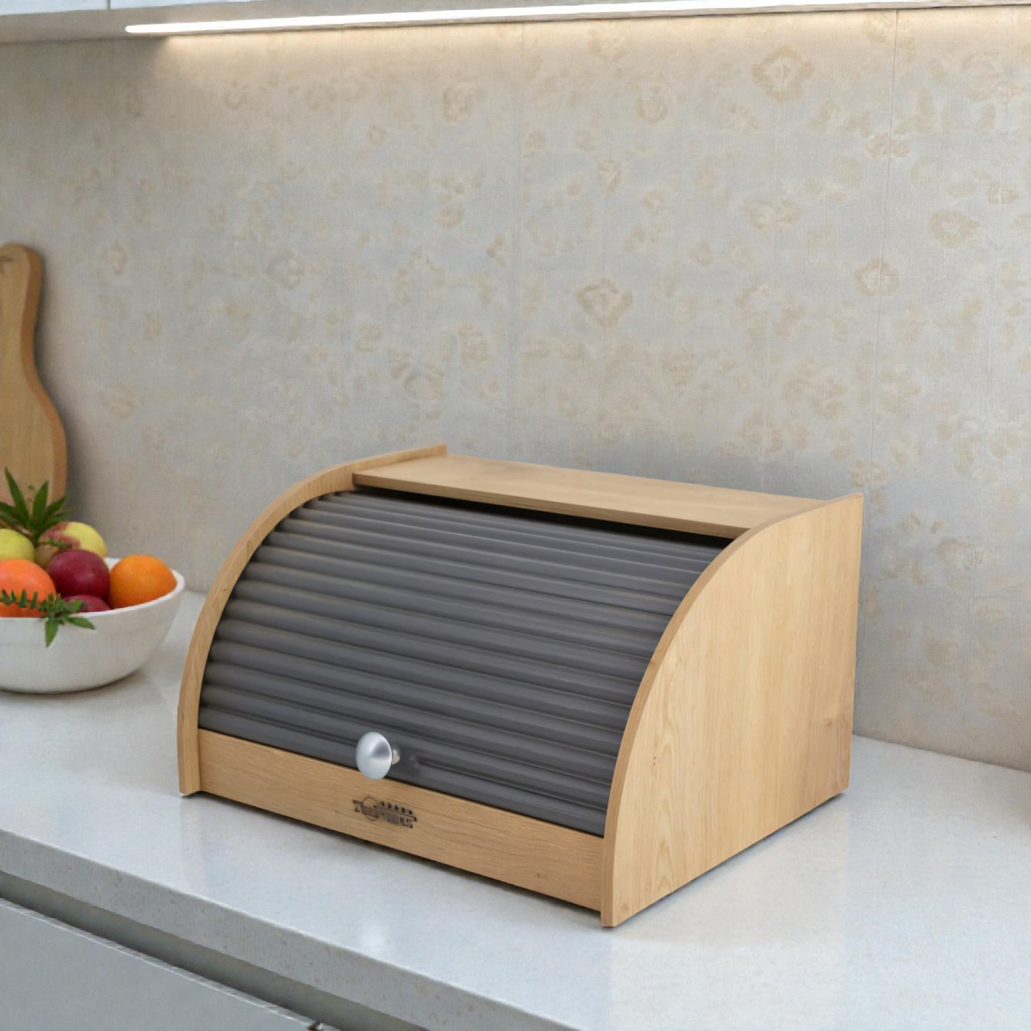 Wooden Bread Box with Dark Grey Roll Top – Modern Kitchen Storage