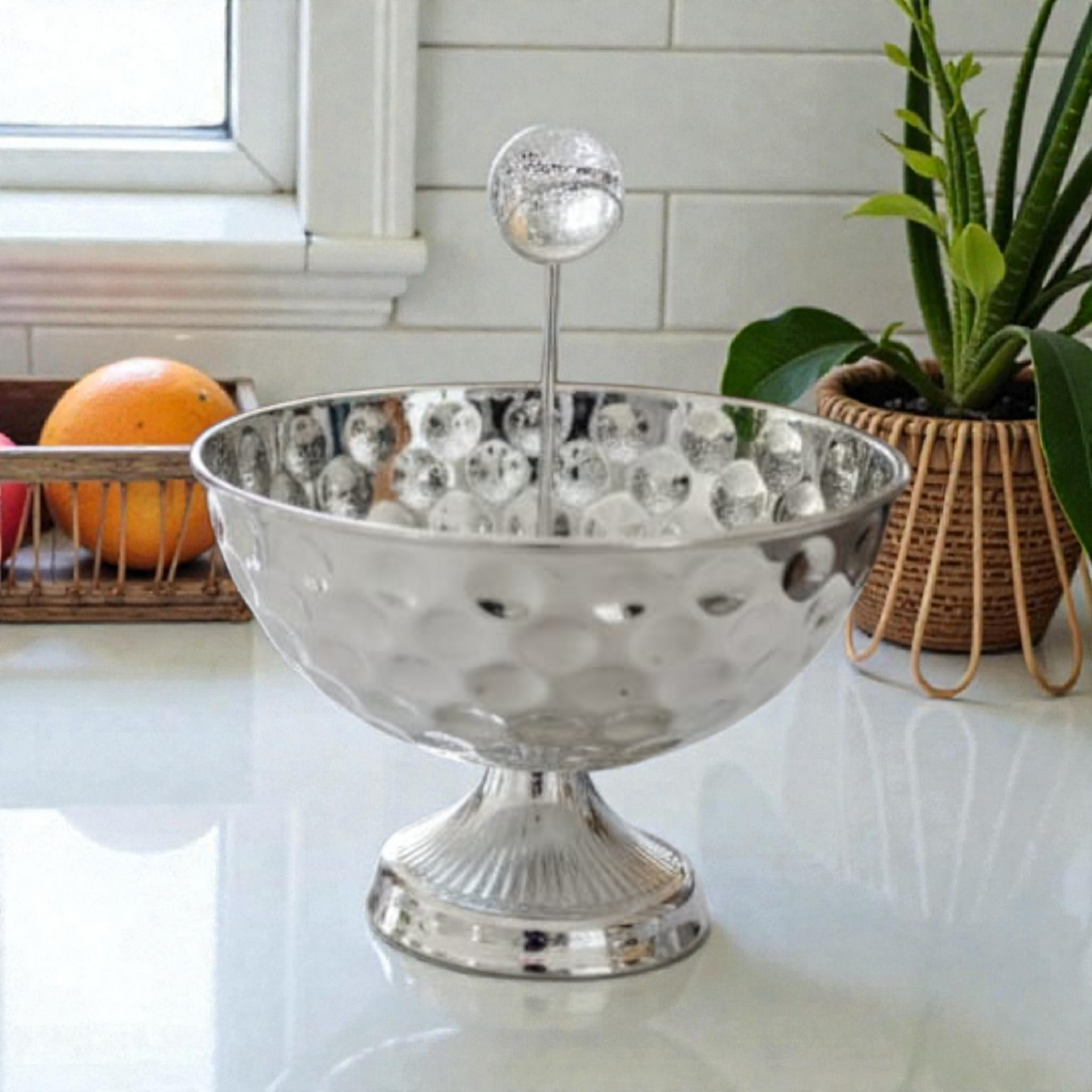 Silver Decorative Metal Bowl with Stand – Modern Centerpiece