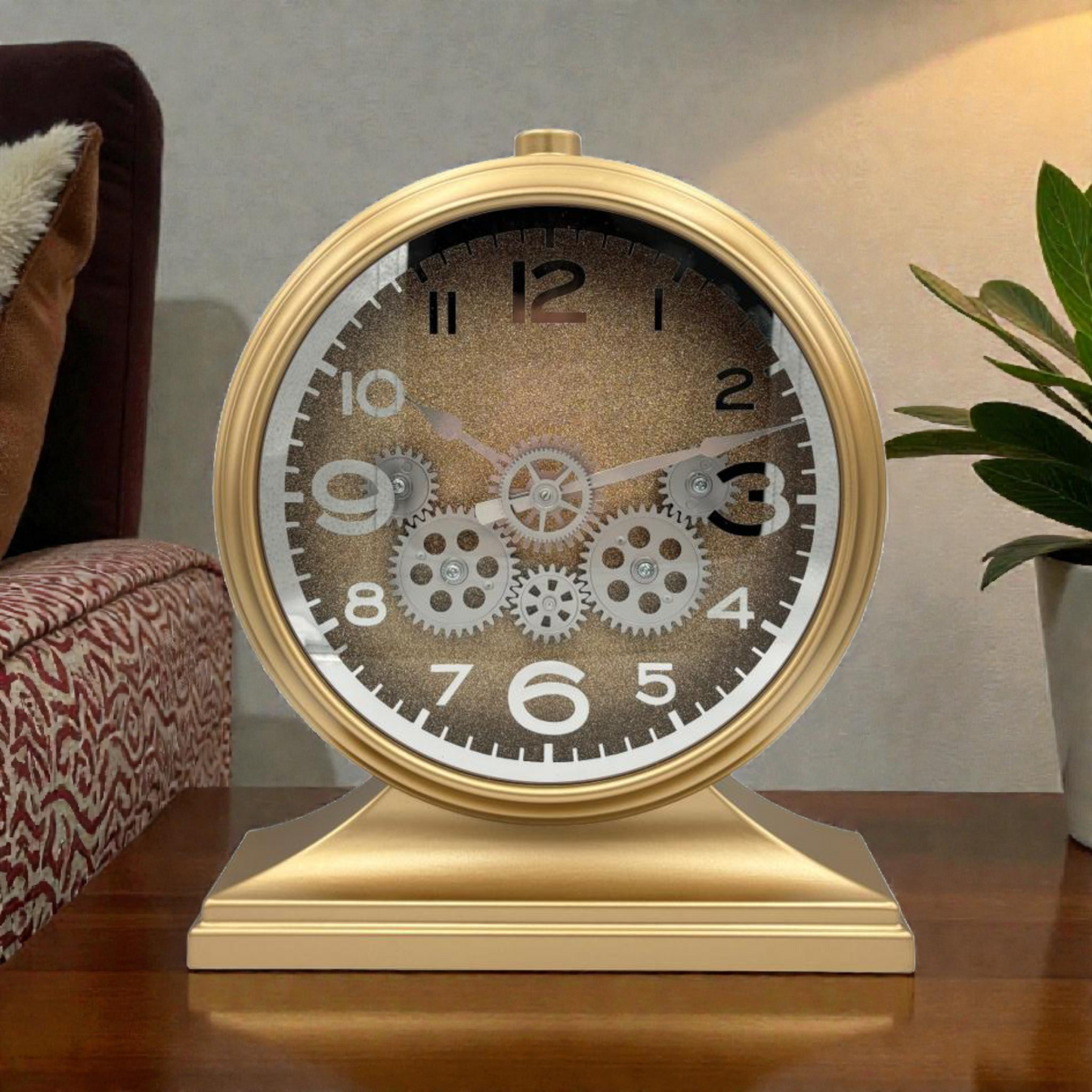 Gold Decorative Table Clock with Exposed Gears – Luxury Desk Clock