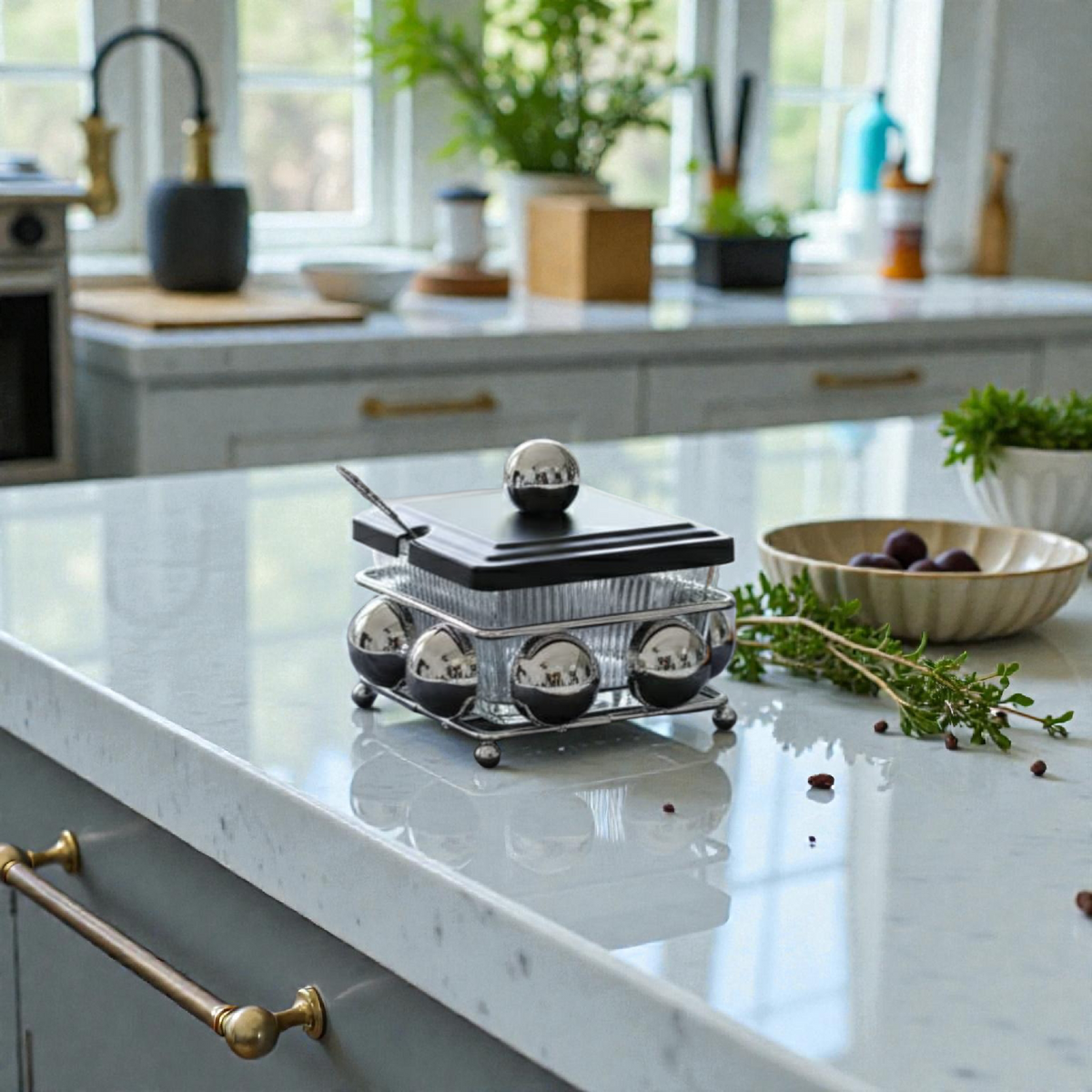 Luxury Glass Sugar Bowl with Spoon – Modern Silver Kitchen & Table Décor
