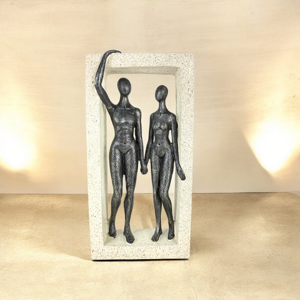 Abstract Couple Sculpture in Stone Frame – Modern Minimalist Resin Art Décor for Home & Office