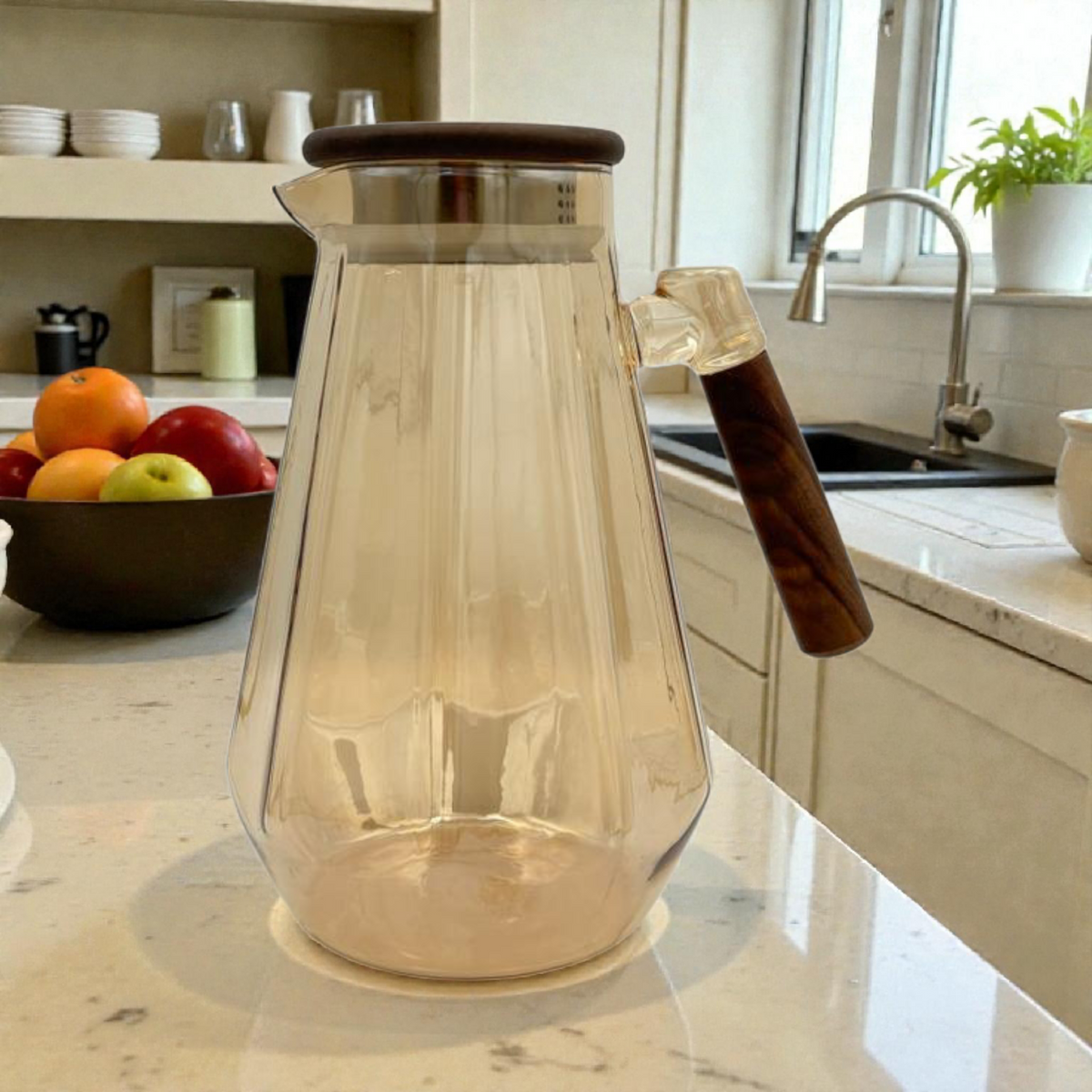 Ribbed Glass Pitcher with Wooden Handle – Hot & Cold Drink Server capacity 1800ml