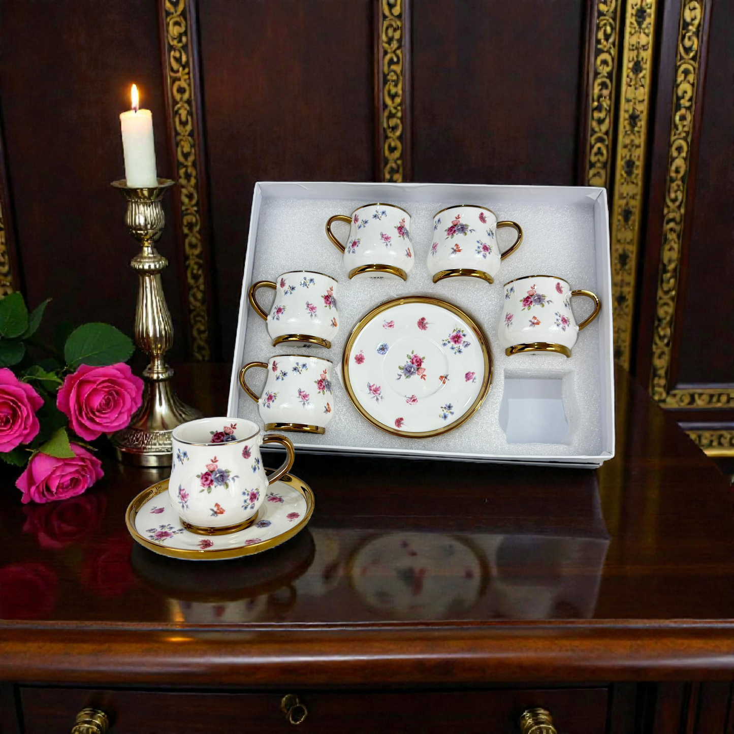 Elegant Floral Coffee Cup & Saucer Set – 12 Porcelain Cups with Gold Handles