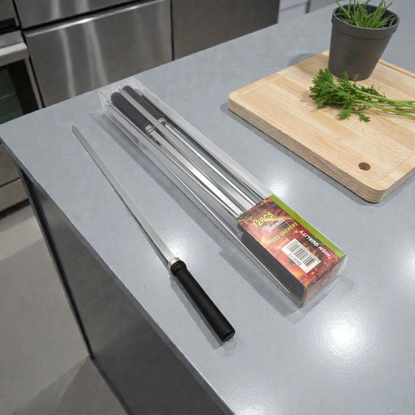 BBQ Skewers Set – Stainless Steel Grill Skewers with Wooden Handles (12 Pieces)