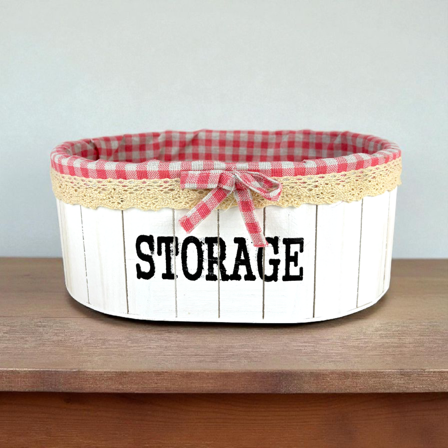 Decorative Storage Baskets – White Wood Design with Pink Gingham Fabric