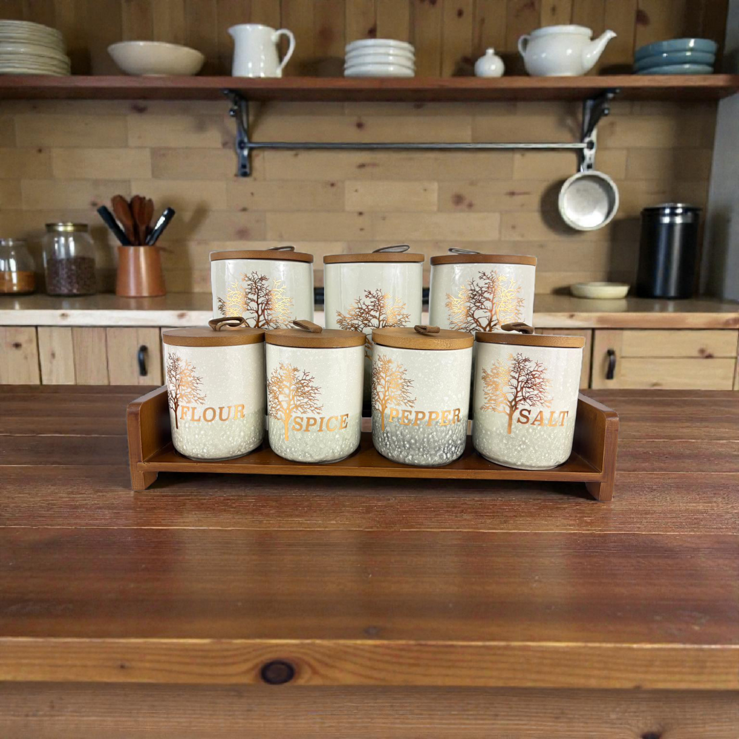 Luxury Ceramic Kitchen Canister Set with Wooden Tray – Sugar, Coffee, Tea & Spice Storage Jars (7-Piece Set)