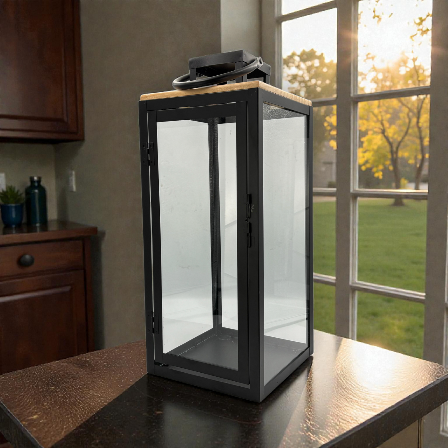 Black Metal Glass Lantern – Elegant Tall Decorative Candle Holder