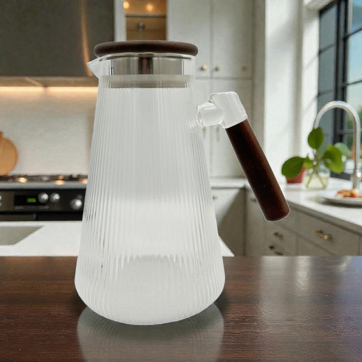 Ribbed Glass Pitcher with Wooden Handle – Hot & Cold Beverage Server capacity1800ml