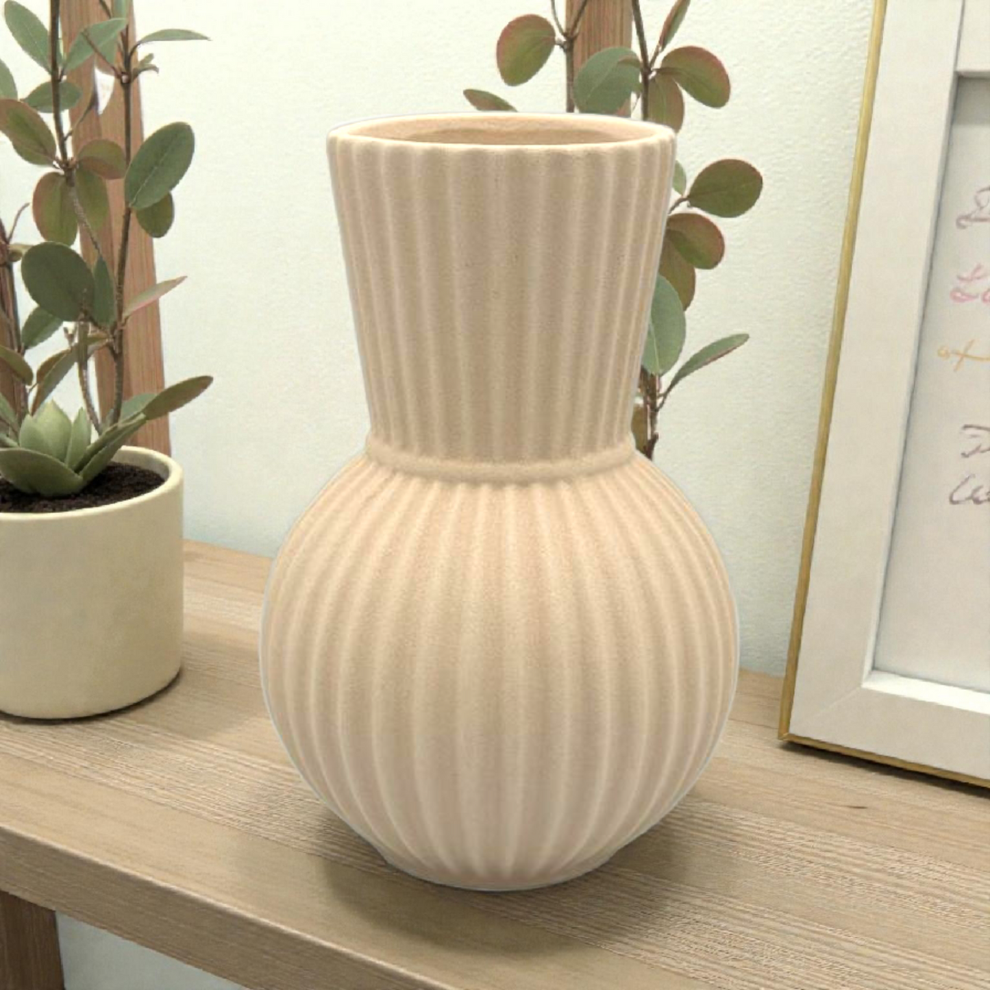 Ribbed Beige Ceramic Vase – Modern Minimalist Home Décor
