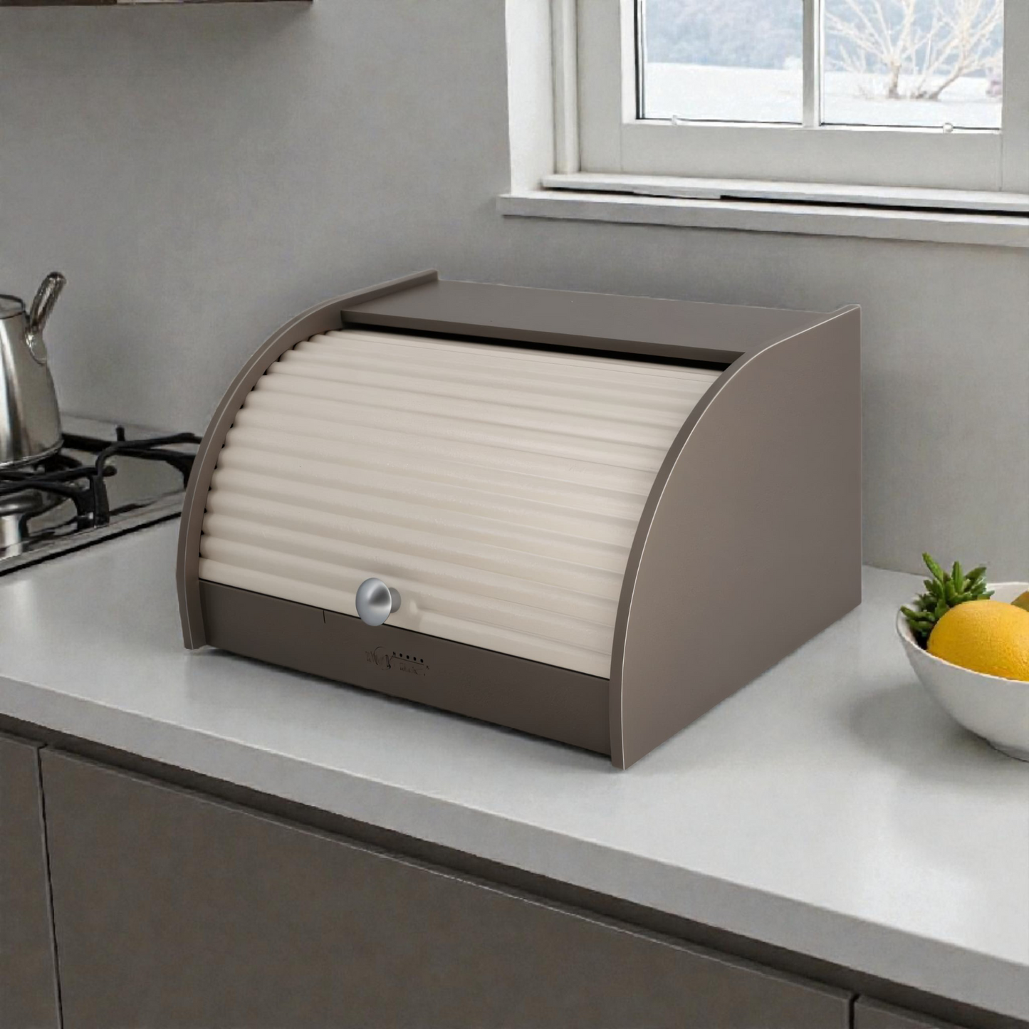 Modern Grey Roll Top Bread Box – Compact Kitchen Bread Storage