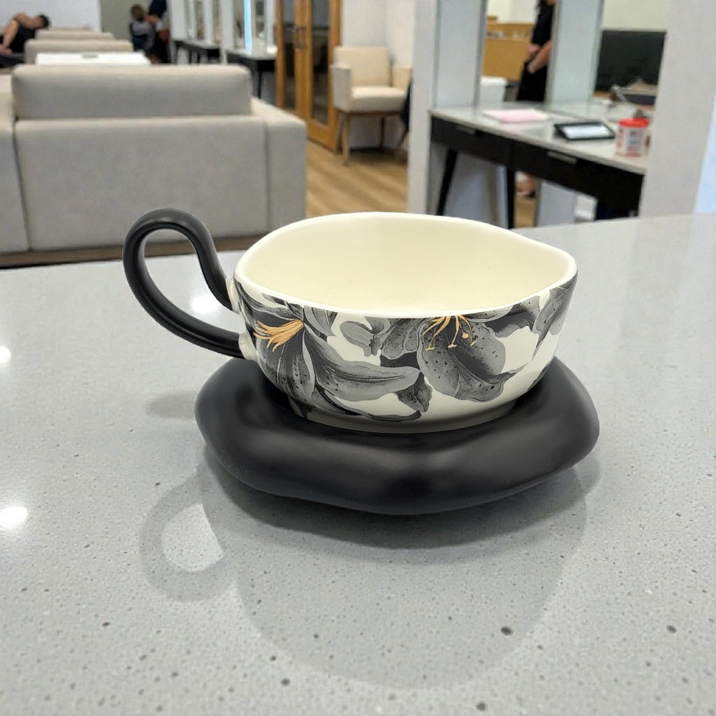Ceramic Cup and Saucer – Black Floral Coffee Cup Set 270ml