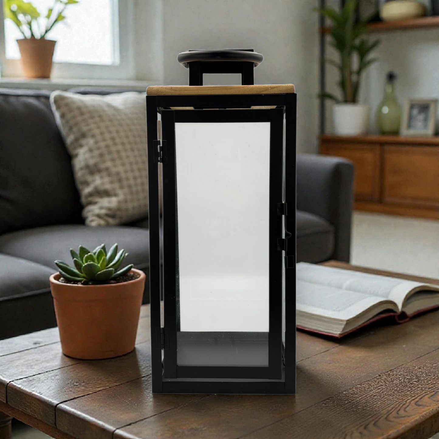 Black Metal Glass Lantern – Elegant Decorative Candle Holder