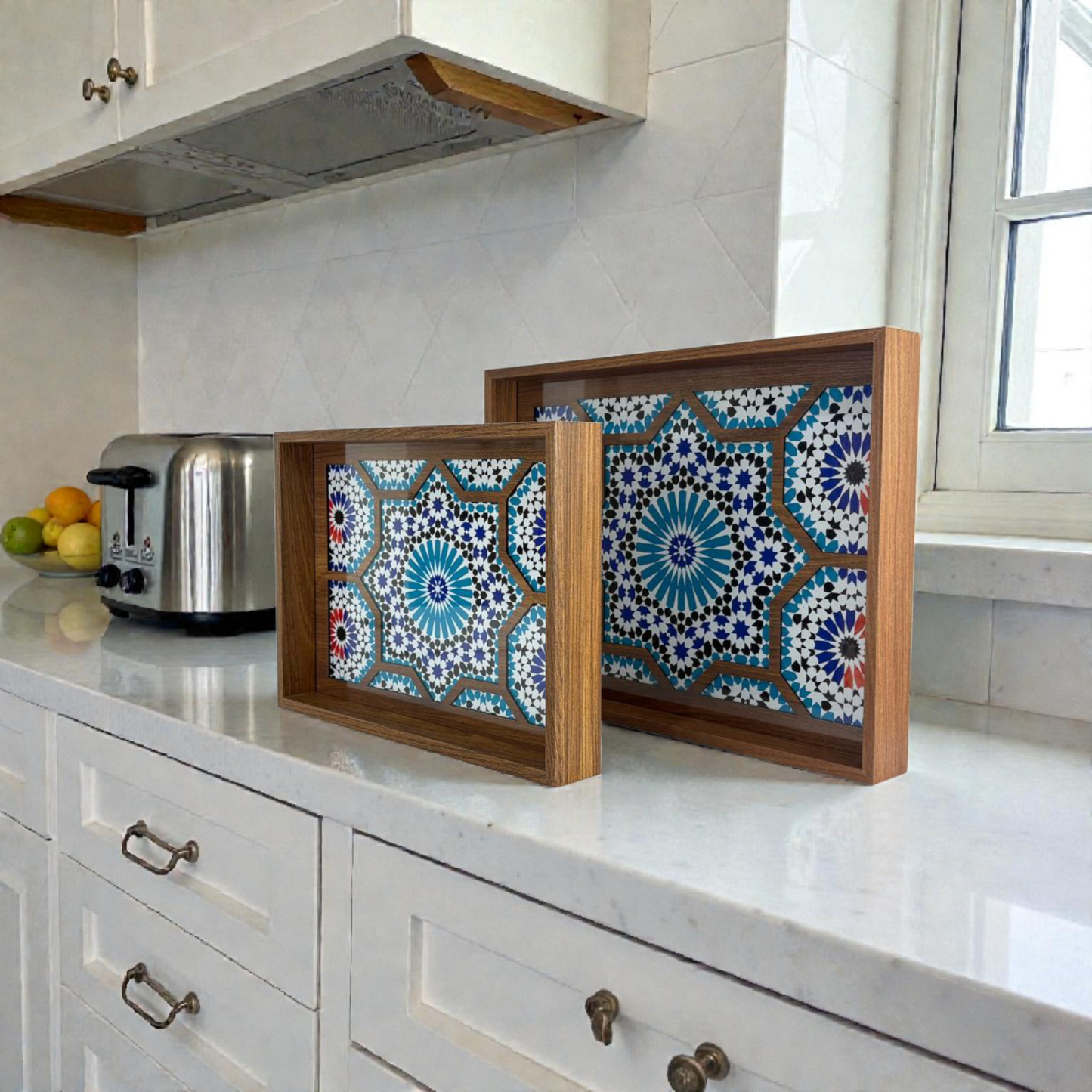 Moroccan Mosaic Wooden Decorative Tray Set – Blue Geometric Tile Pattern (Set of 2)