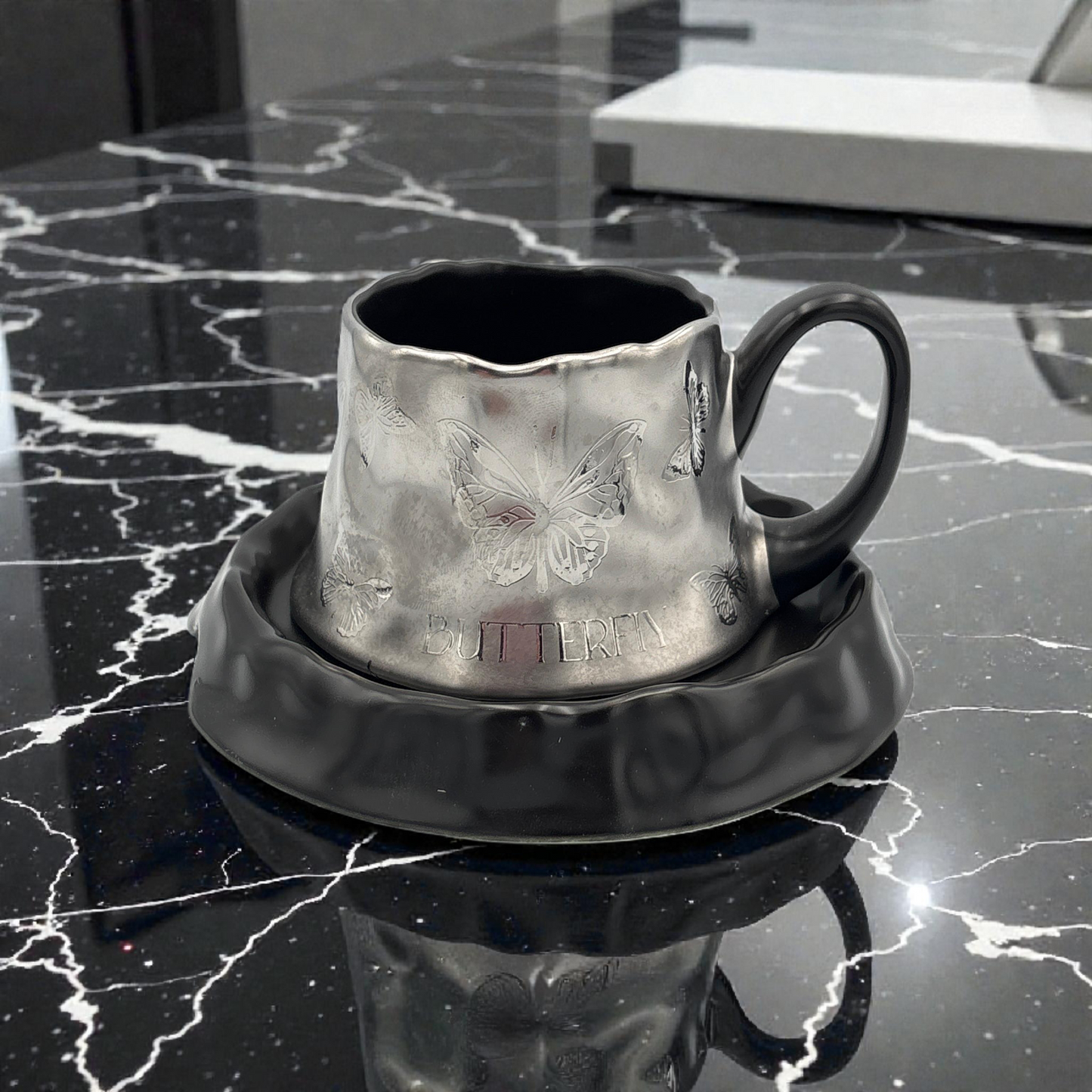 Butterfly Ceramic Cup and Saucer – Elegant Black & Silver Coffee Cup