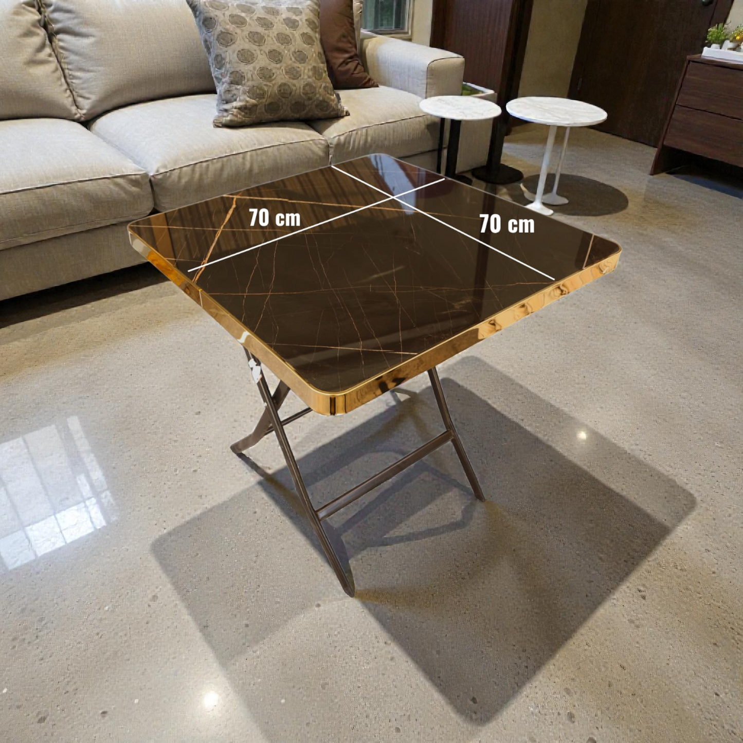 Square Folding Table 70 cm – brown Marble Effect with Gold Edge