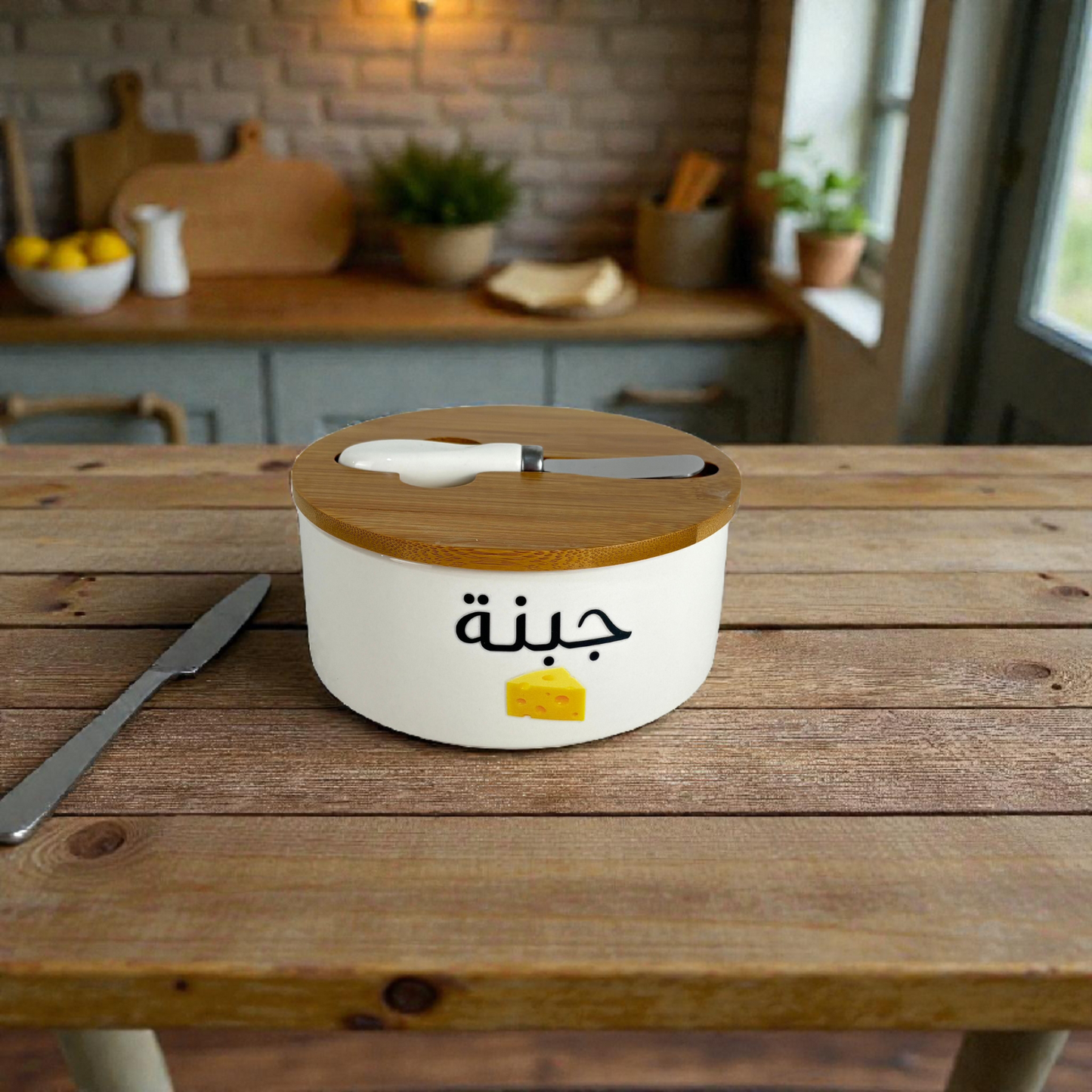 Arabic Labeled Ceramic Storage Jar with Bamboo Lid – Sugar, Sweets & Cheese Kitchen Container