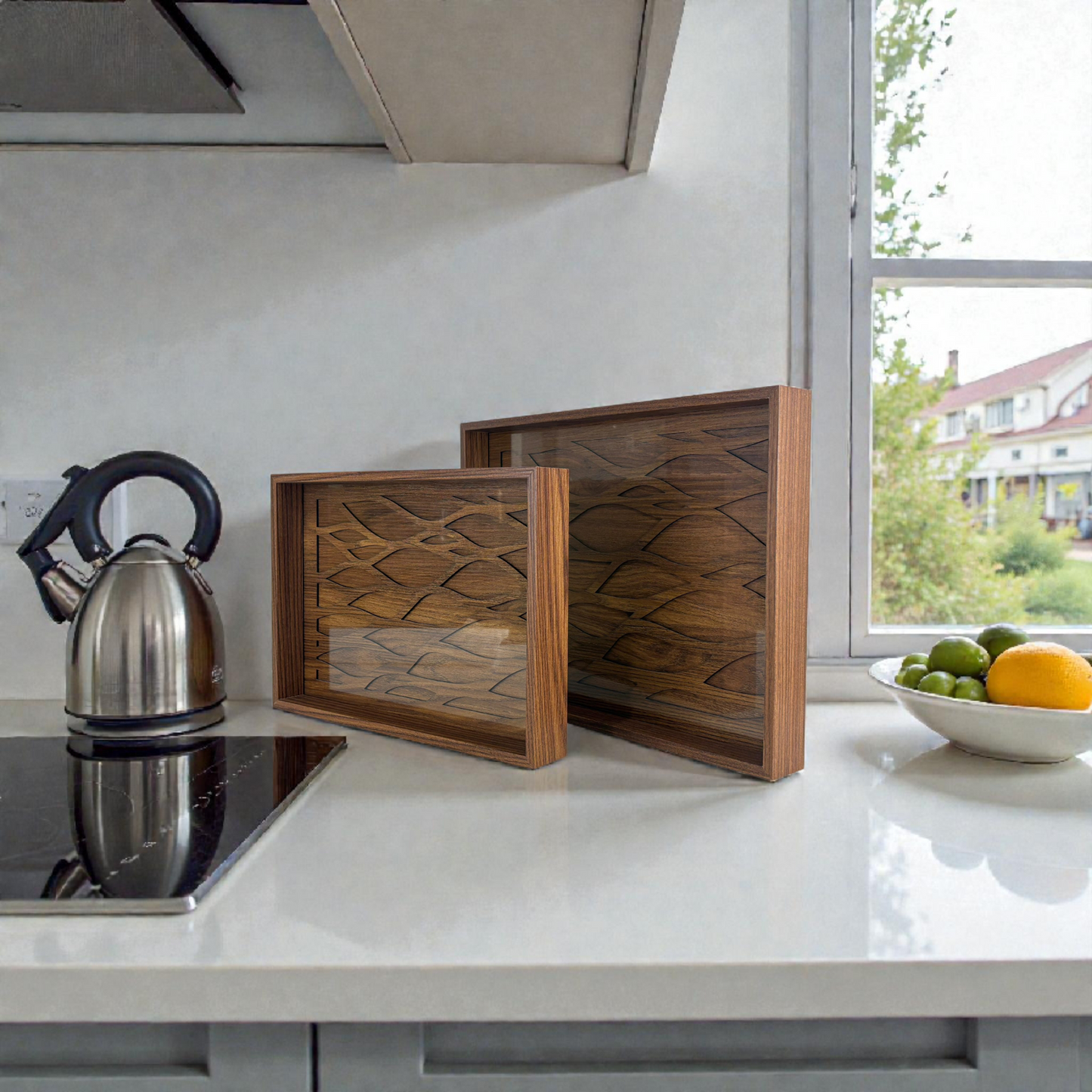 Hand-Carved Wooden Decorative Tray Set – Geometric Oriental Pattern Home Décor (Set of 2)