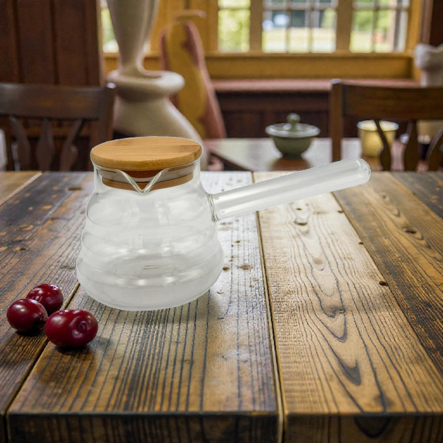 Glass Turkish Coffee Pot with Wooden Lid – Heat-Resistant Modern capacity400ml