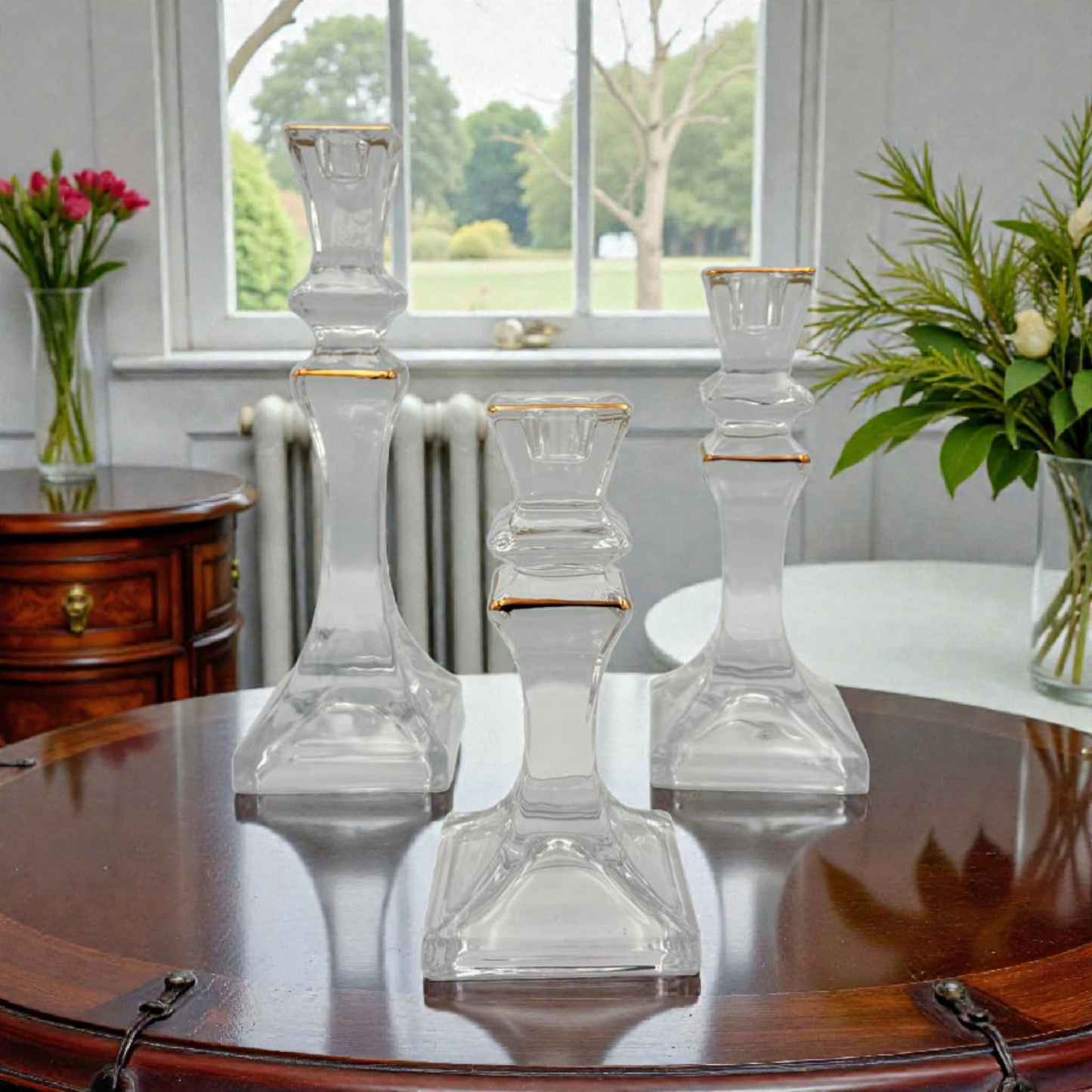 Clear Glass Candle Holders with Gold Detail – Decorative Set of 3