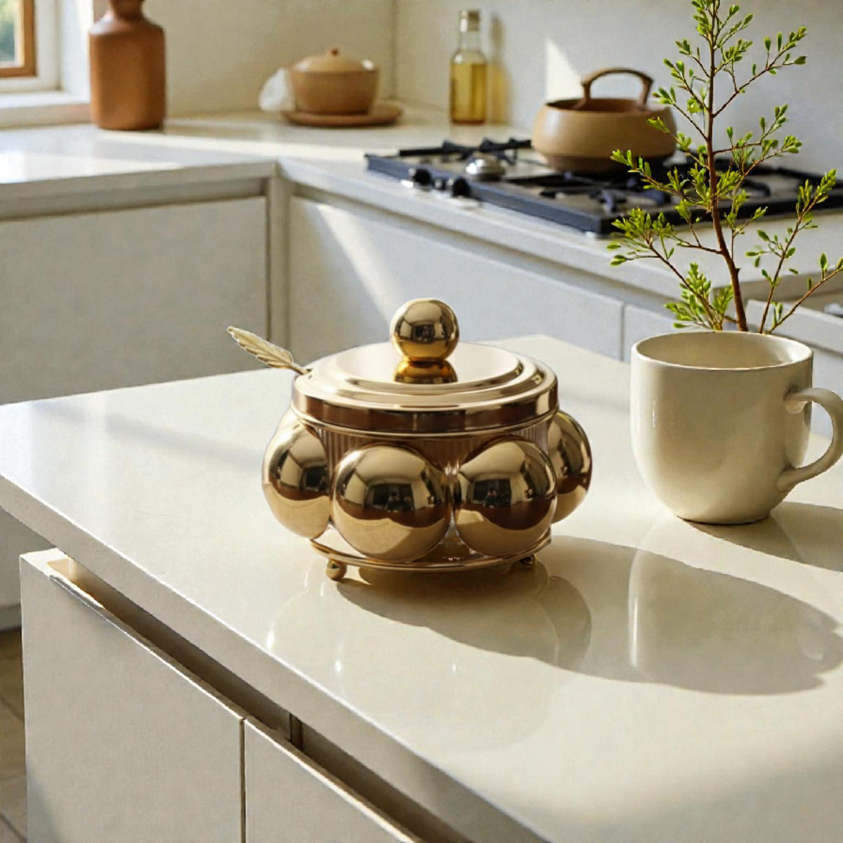 Luxury Gold Sugar Bowl with Spoon – Elegant Glass & Metal Table Accessory