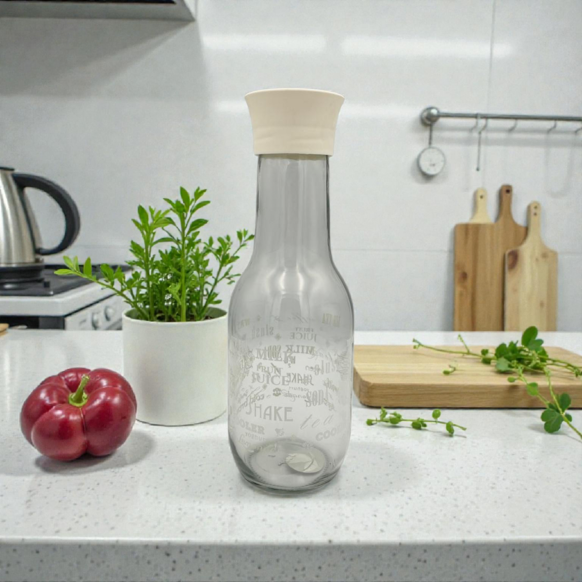Glass Juice Bottle with Citrus Juicer Lid – Lemon & Orange Squeezer Bottle 1 litre