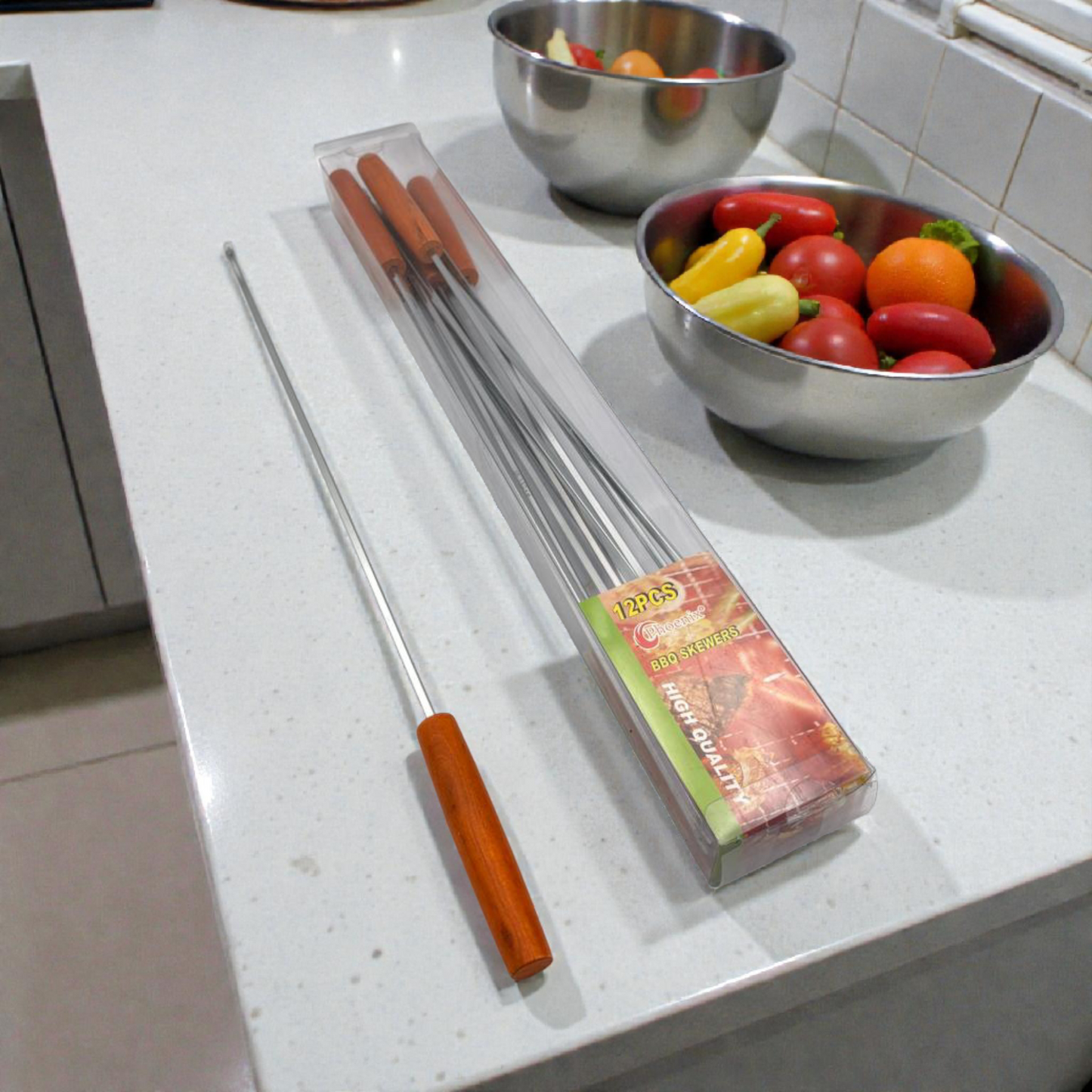 BBQ Skewers Set – Stainless Steel Grill Skewers with Wooden Handles (12 Pieces)