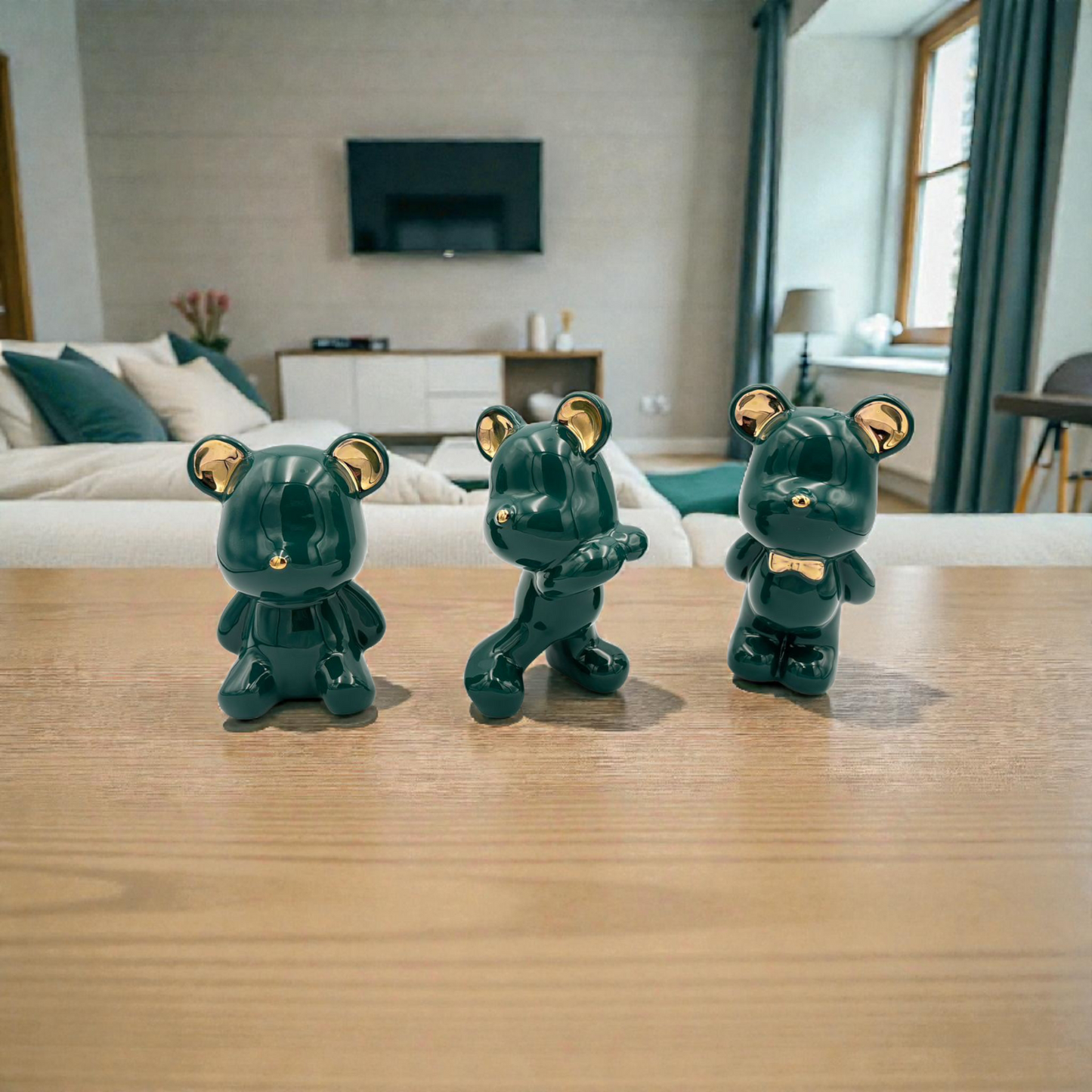 Green & Gold Bear Figurines Set – Playful Modern Home Décor