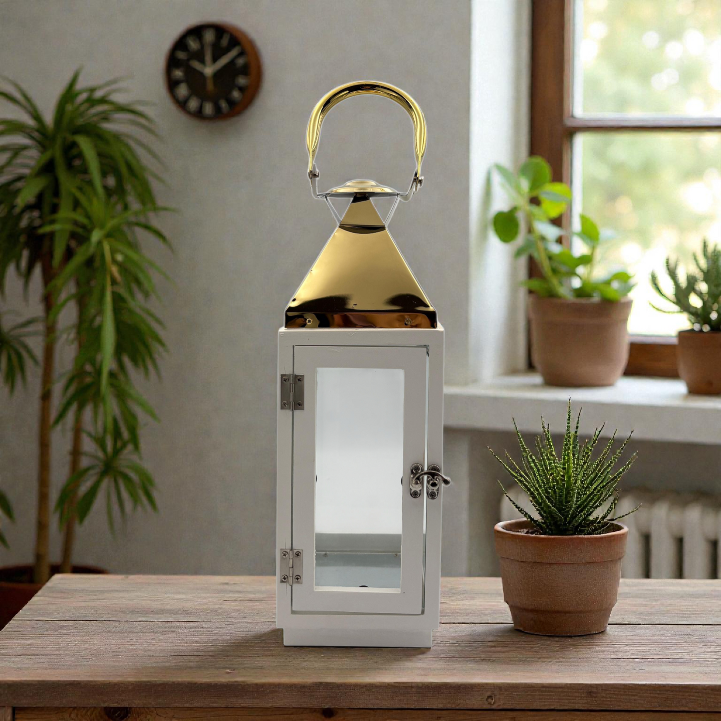 White Metal Glass Lantern – Elegant Decorative Candle Holder