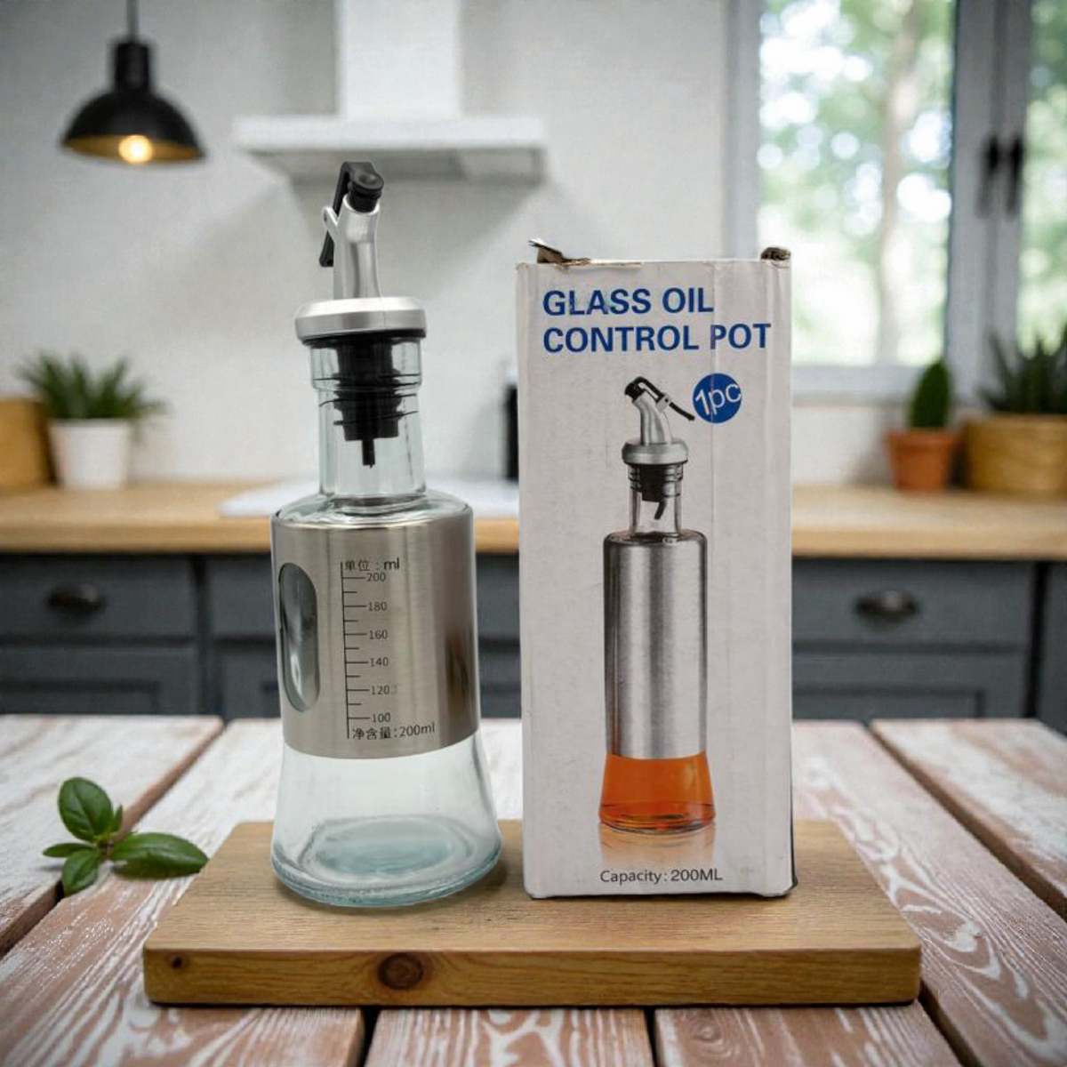 Glass Oil Dispenser Bottle 200ml – Stainless Steel Pour Spout Oil Control Pot