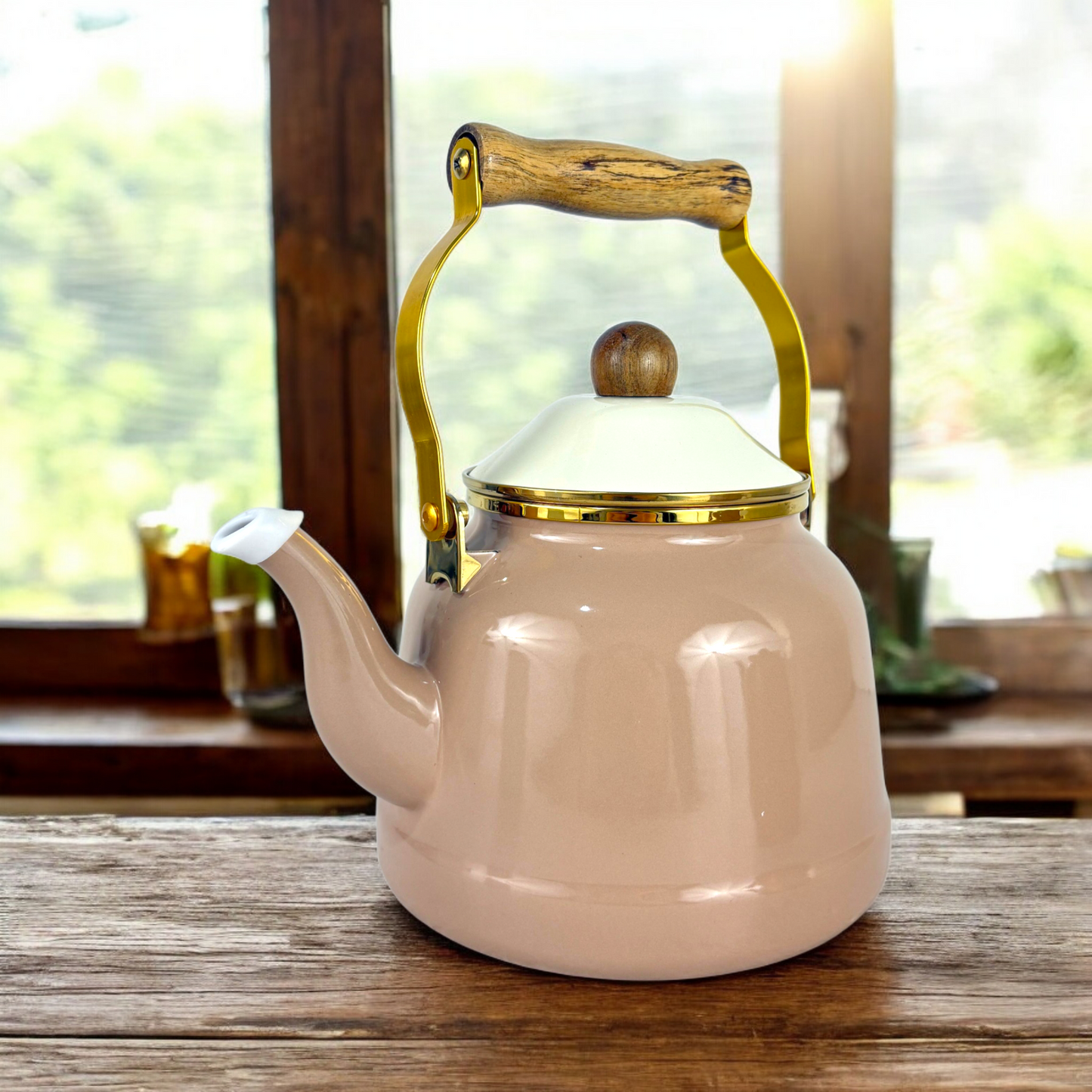 Vintage Enamel Kettle & Teapot Set – Beige with Wooden Handle & Gold Accents