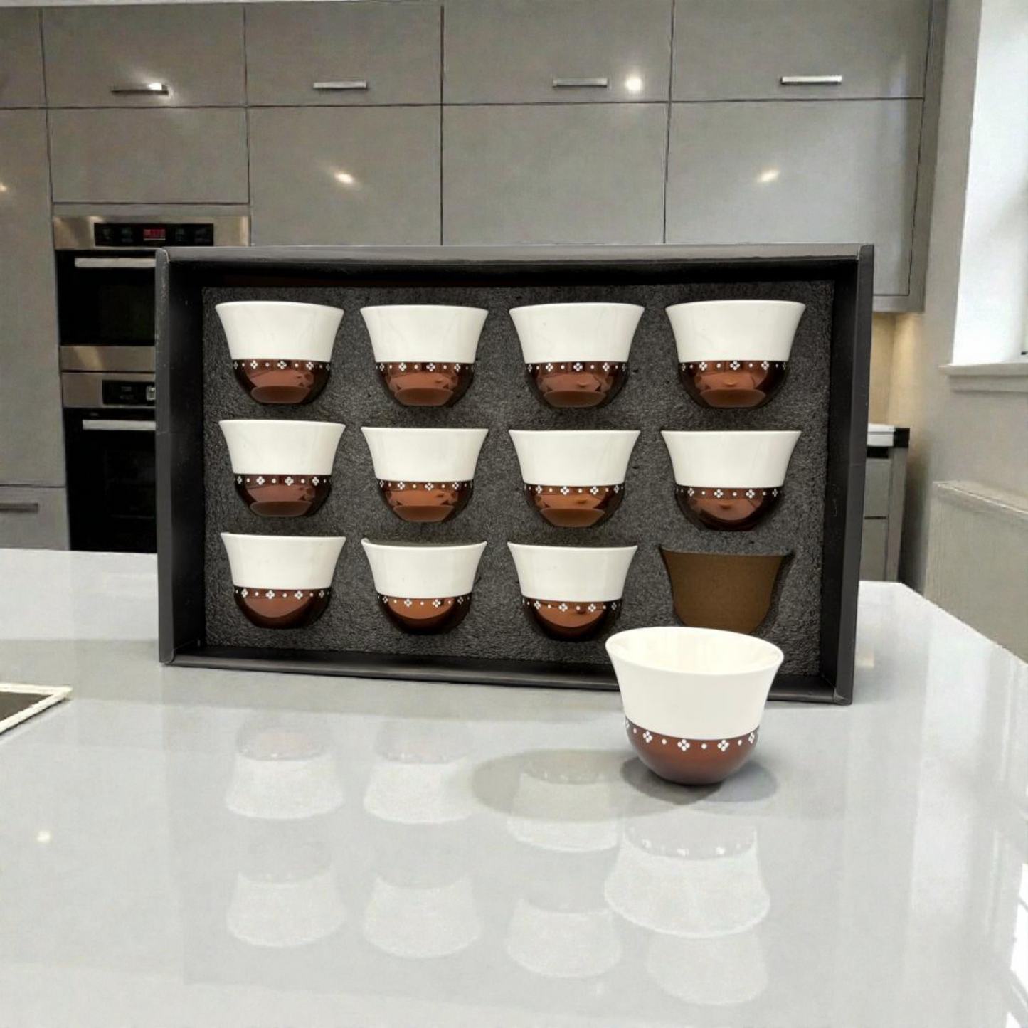 Coffee Cup Set of 12 – Brown & White Porcelain Cups Gift Box